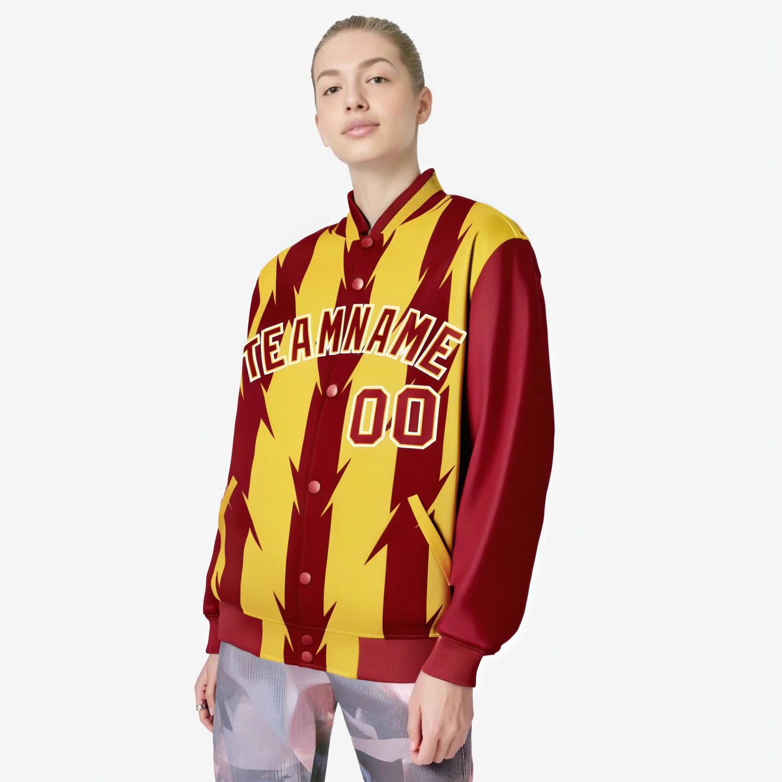 Custom Yellow Red-White Blade Graffiti Pattern Varsity Full-Snap Jacket