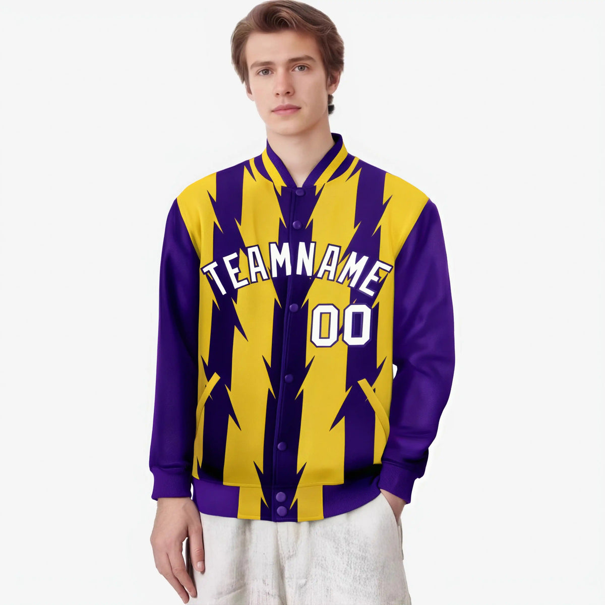 Custom Yellow Purple-White Blade Graffiti Pattern Varsity Full-Snap Jacket