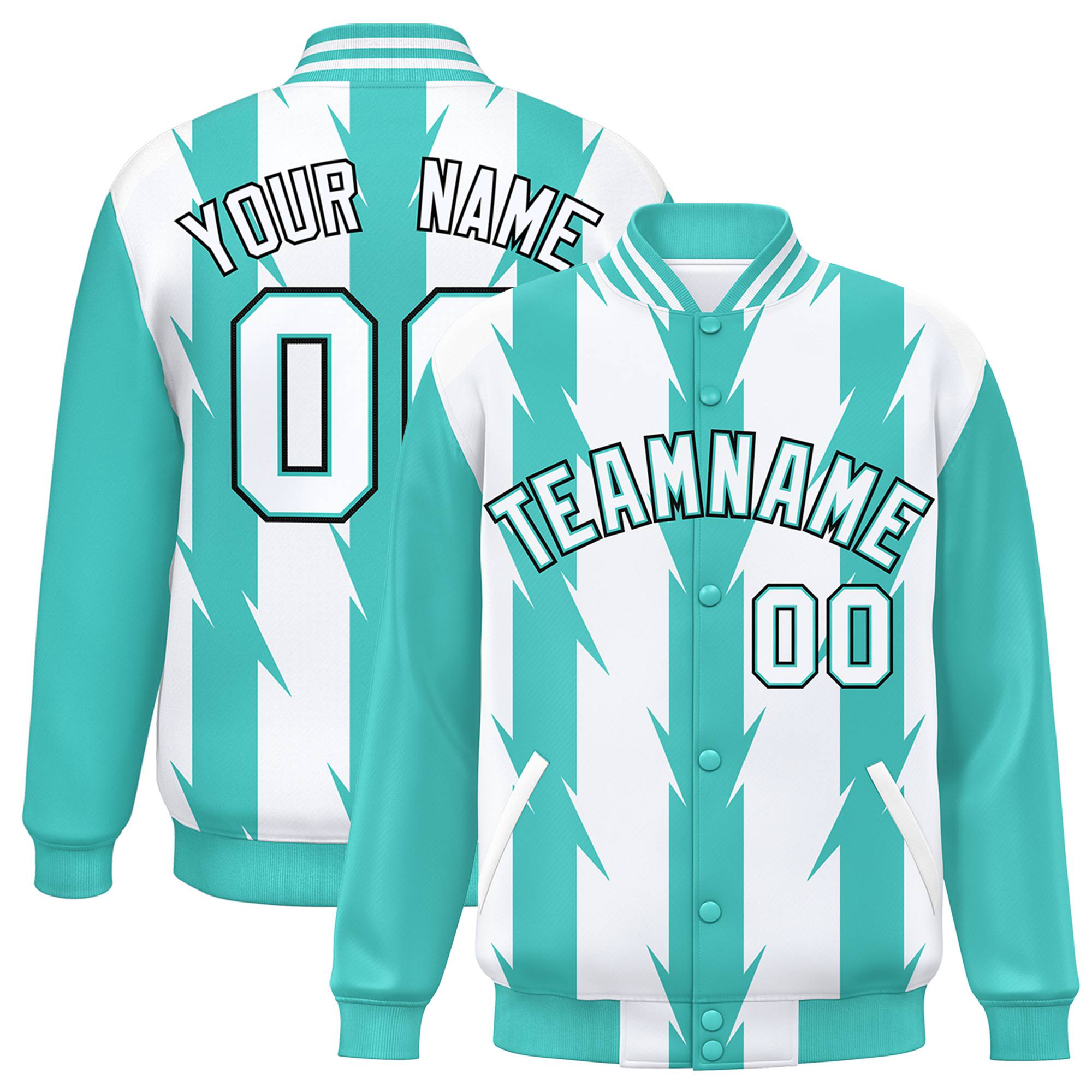 Custom White Aqua-Black Blade Graffiti Pattern Varsity Full-Snap Jacket