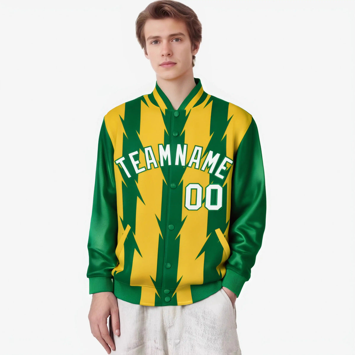 Custom Yellow Green-White Blade Graffiti Pattern Varsity Full-Snap Jacket