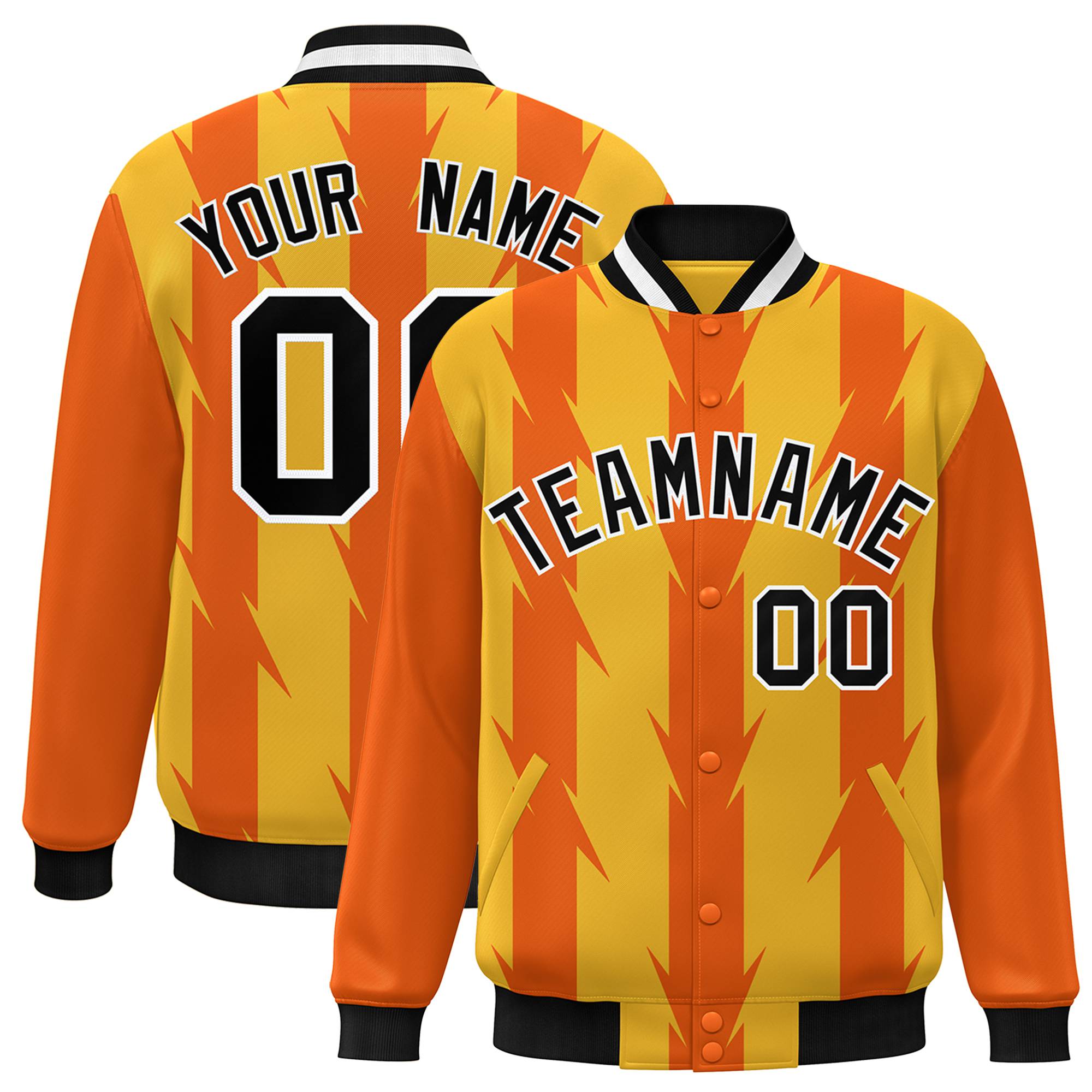 Custom Yellow Orange Black-White Blade Graffiti Pattern Varsity Full-Snap Jacket