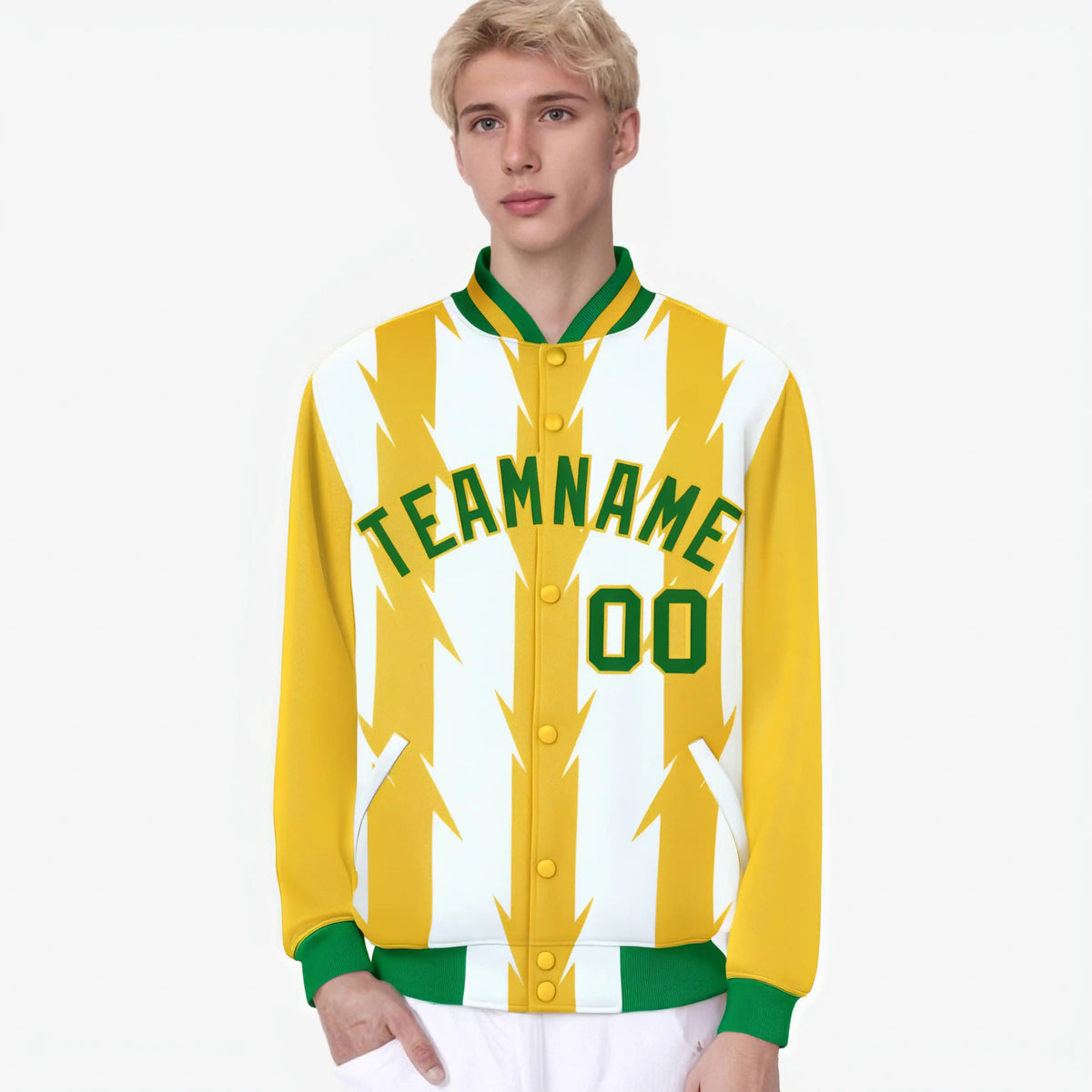 Custom White Gold-Kelly Green Blade Graffiti Pattern Varsity Full-Snap Jacket