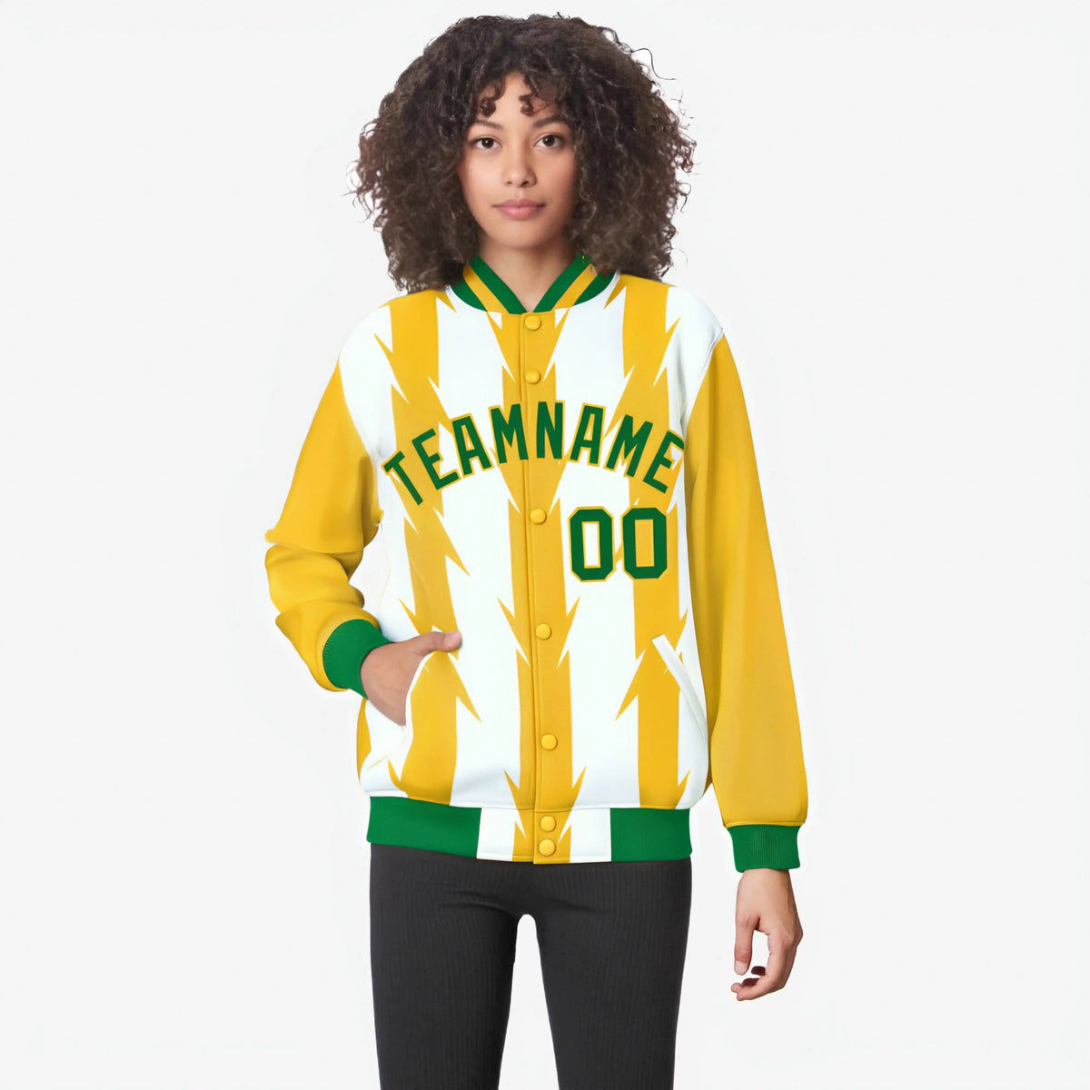 Custom White Gold-Kelly Green Blade Graffiti Pattern Varsity Full-Snap Jacket