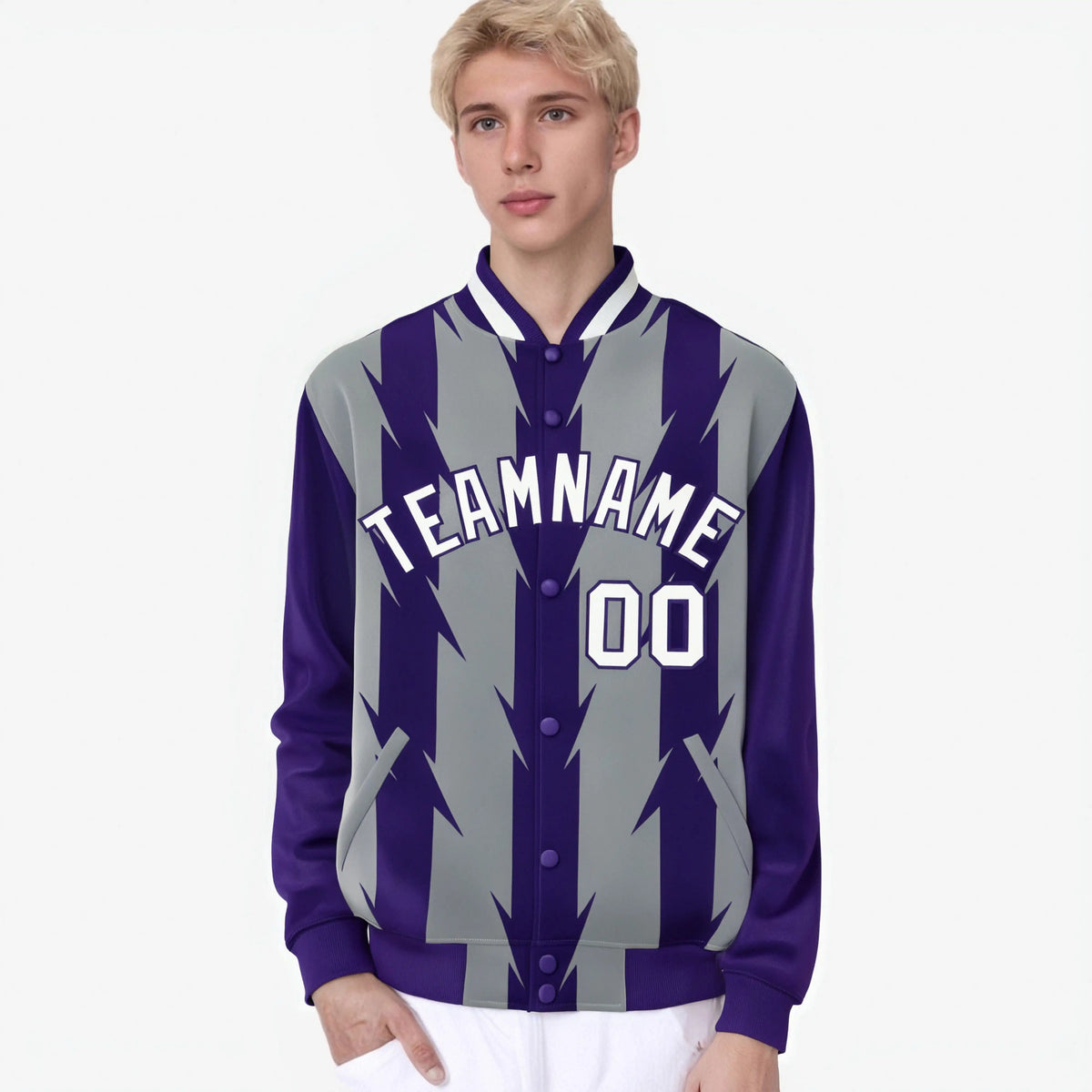 Custom Gray Purple-White Blade Graffiti Pattern Varsity Full-Snap Jacket