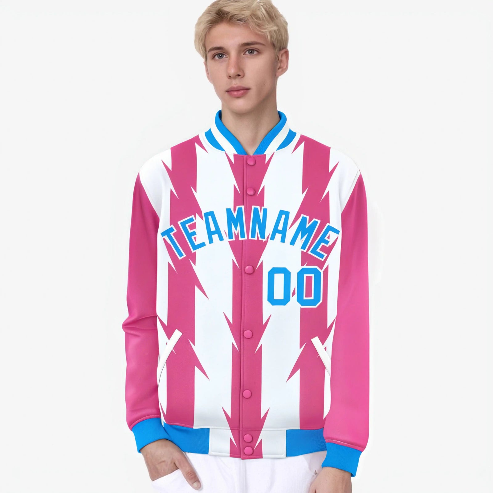 Custom White Pink-Powder Blue Blade Graffiti Pattern Varsity Full-Snap Jacket