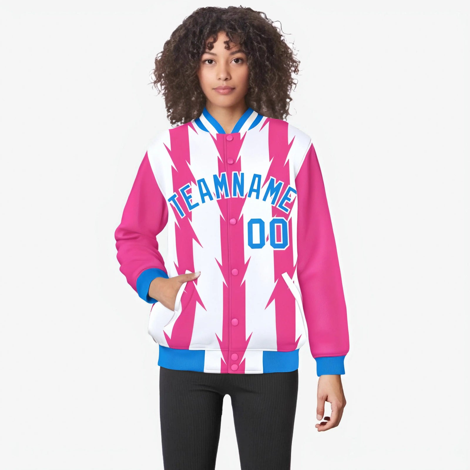 Custom White Pink-Powder Blue Blade Graffiti Pattern Varsity Full-Snap Jacket
