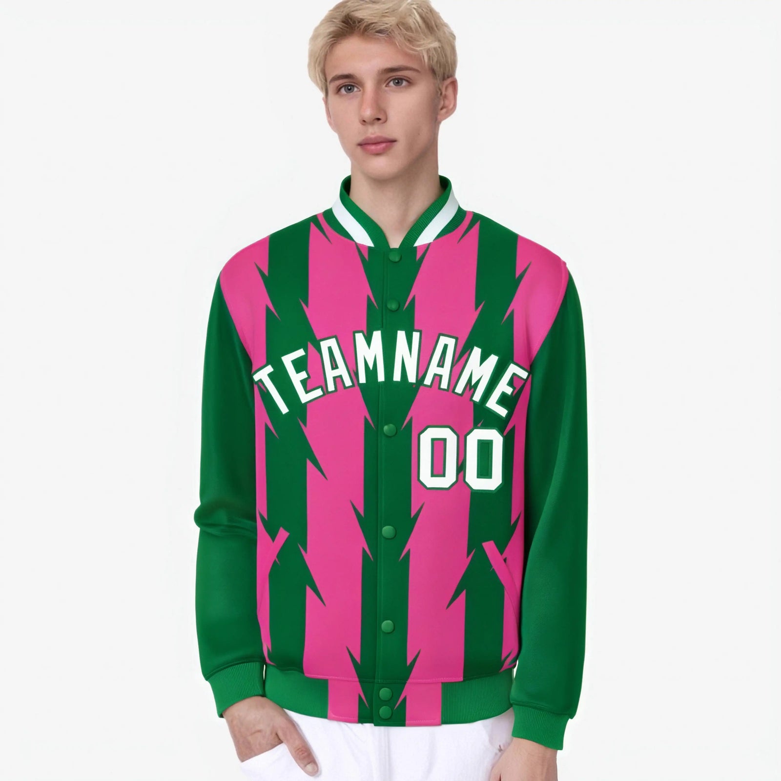 Custom Pink Kelly Green-White Blade Graffiti Pattern Varsity Full-Snap Jacket