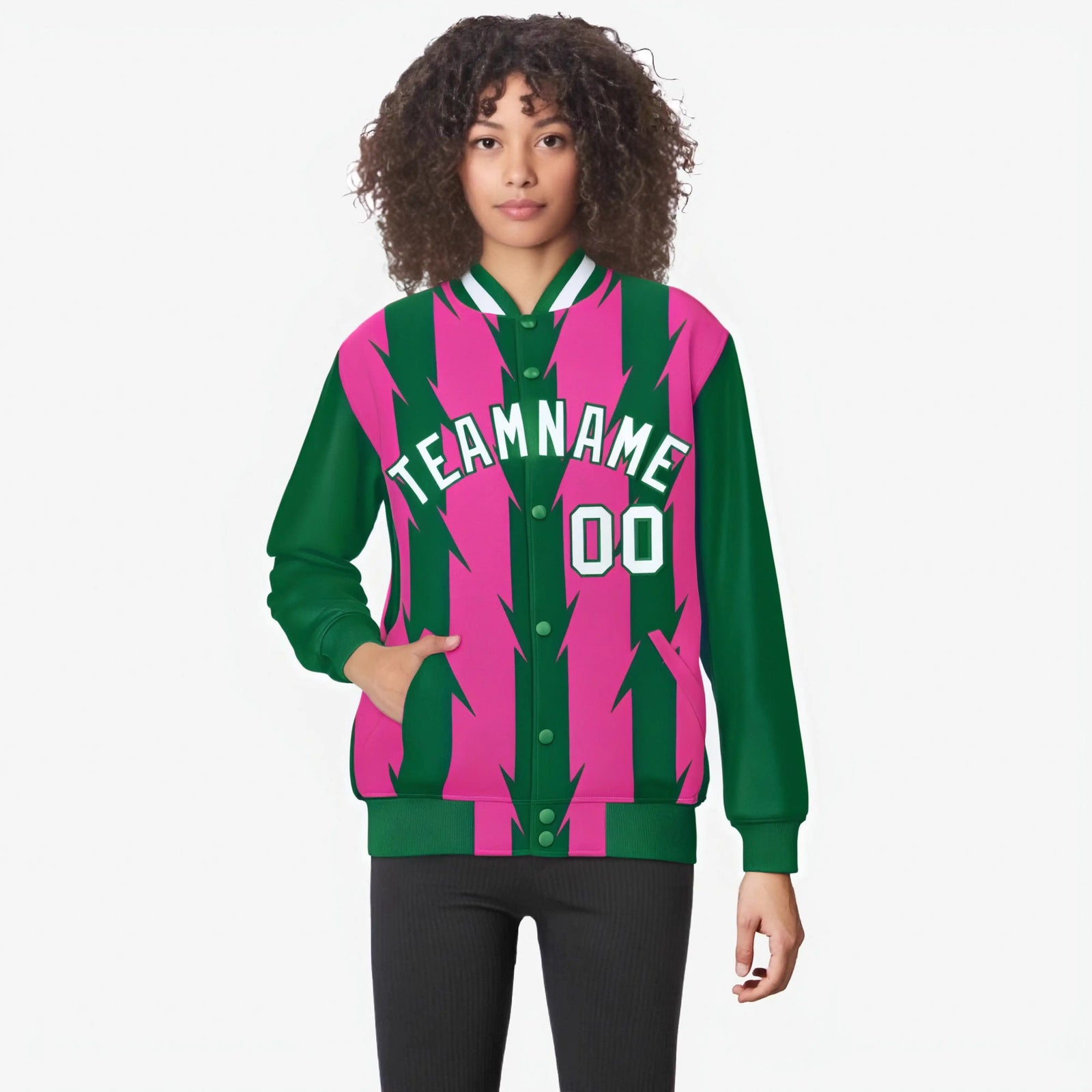 Custom Pink Kelly Green-White Blade Graffiti Pattern Varsity Full-Snap Jacket