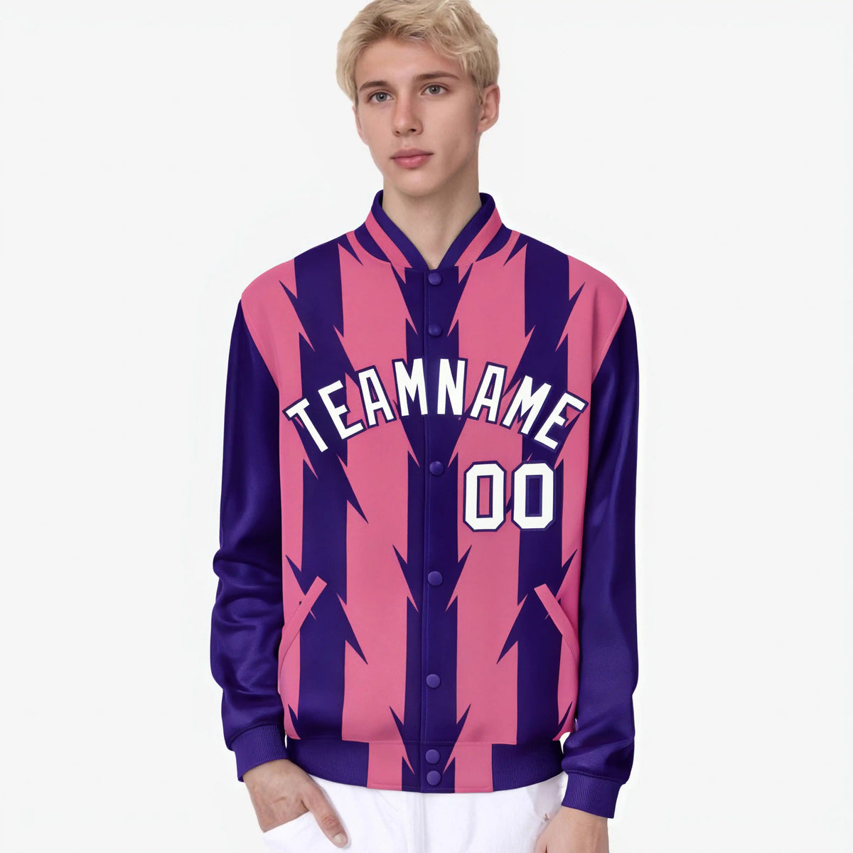 Custom Pink Purple-White Blade Graffiti Pattern Varsity Full-Snap Jacket