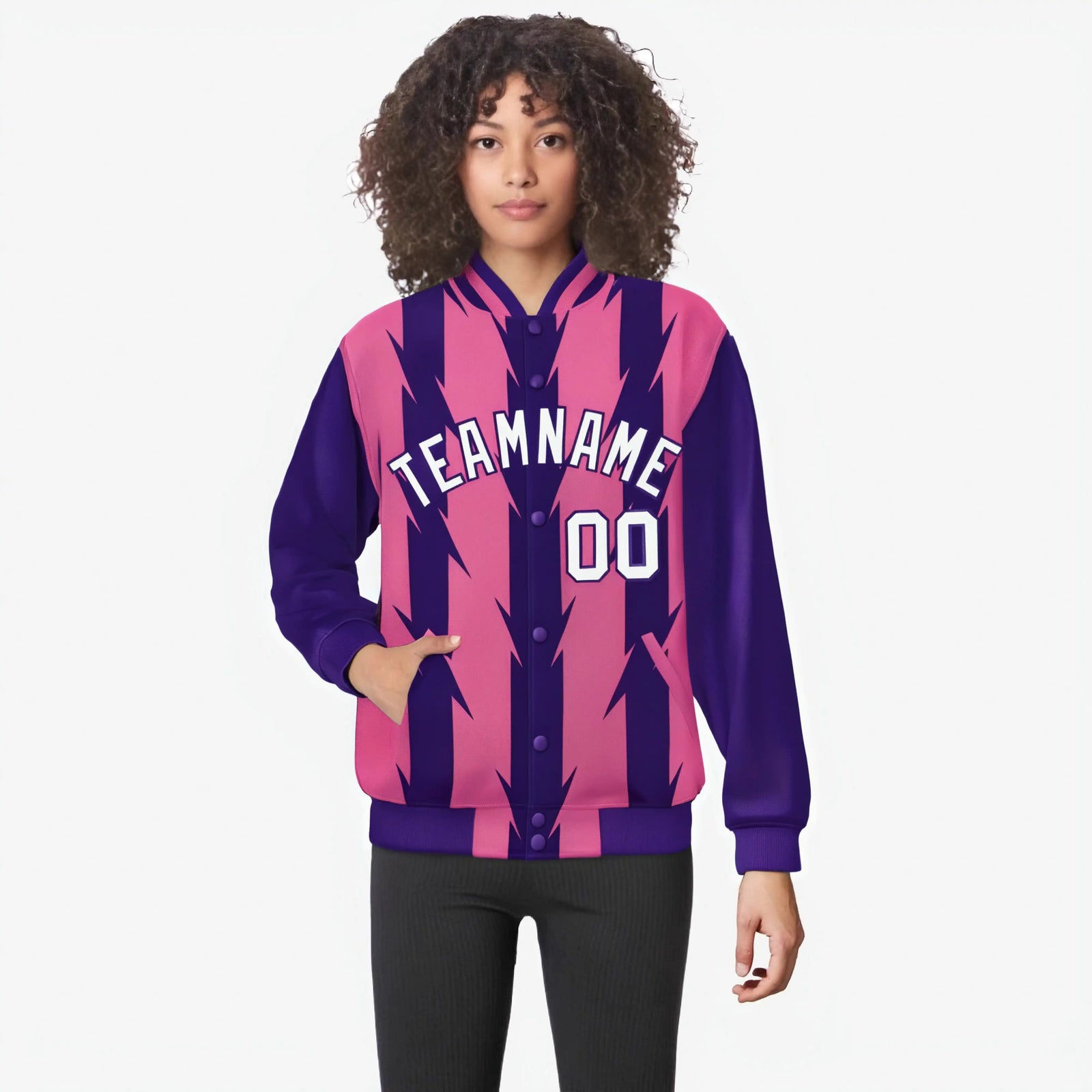 Custom Pink Purple-White Blade Graffiti Pattern Varsity Full-Snap Jacket