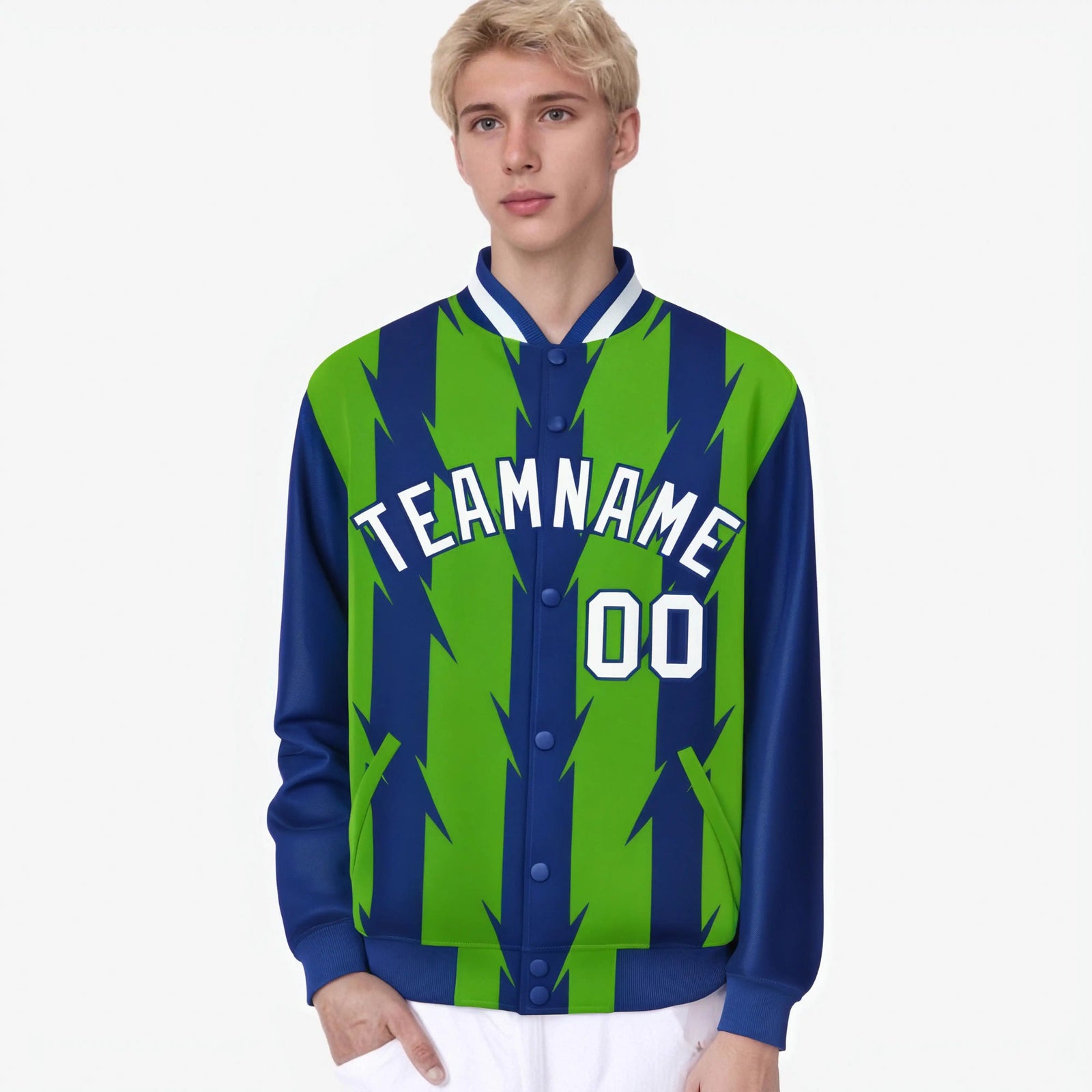 Custom Neon Green Royal Blue-White Blade Graffiti Pattern Varsity Full-Snap Jacket