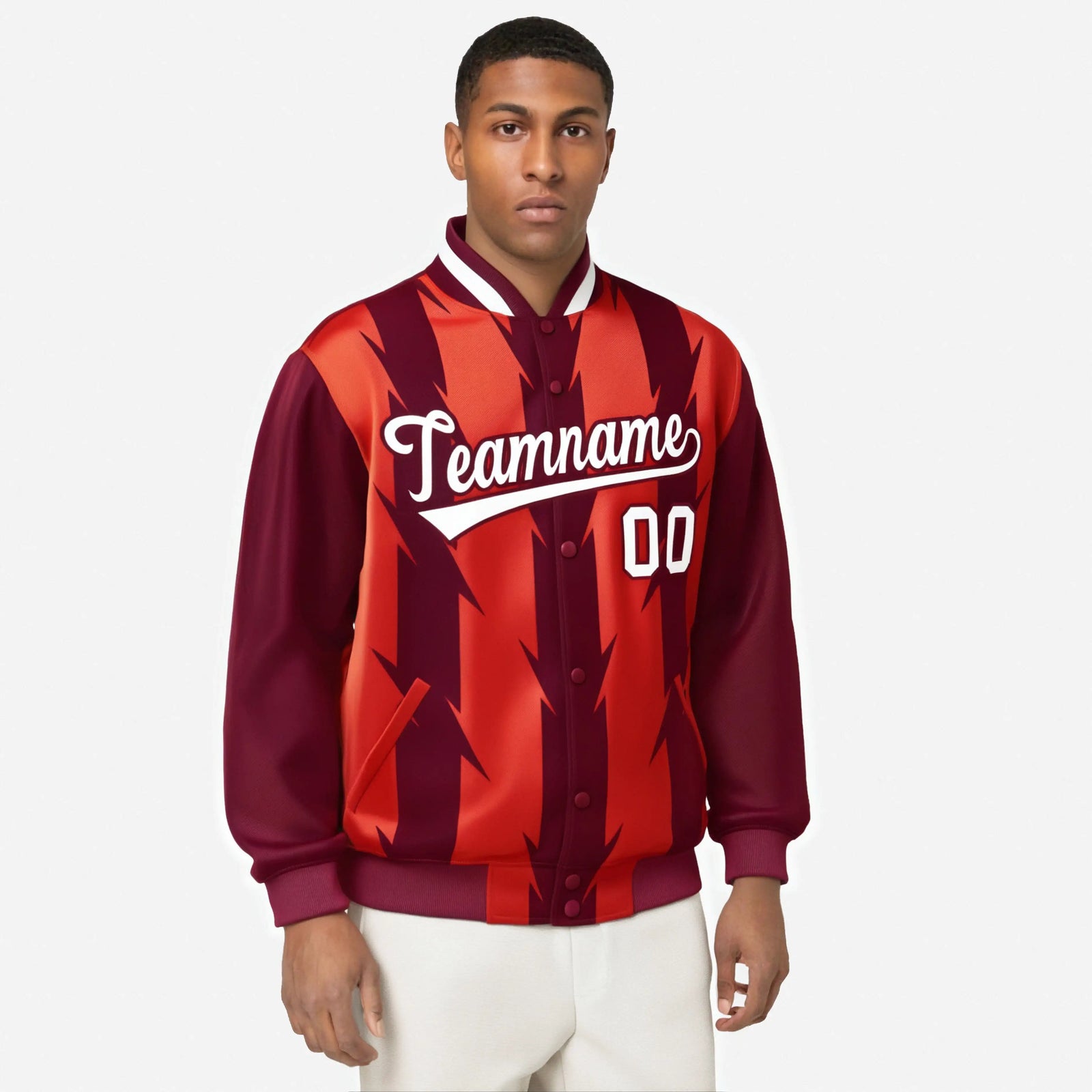 Custom Red Crimson-White Blade Graffiti Pattern Varsity Full-Snap Jacket