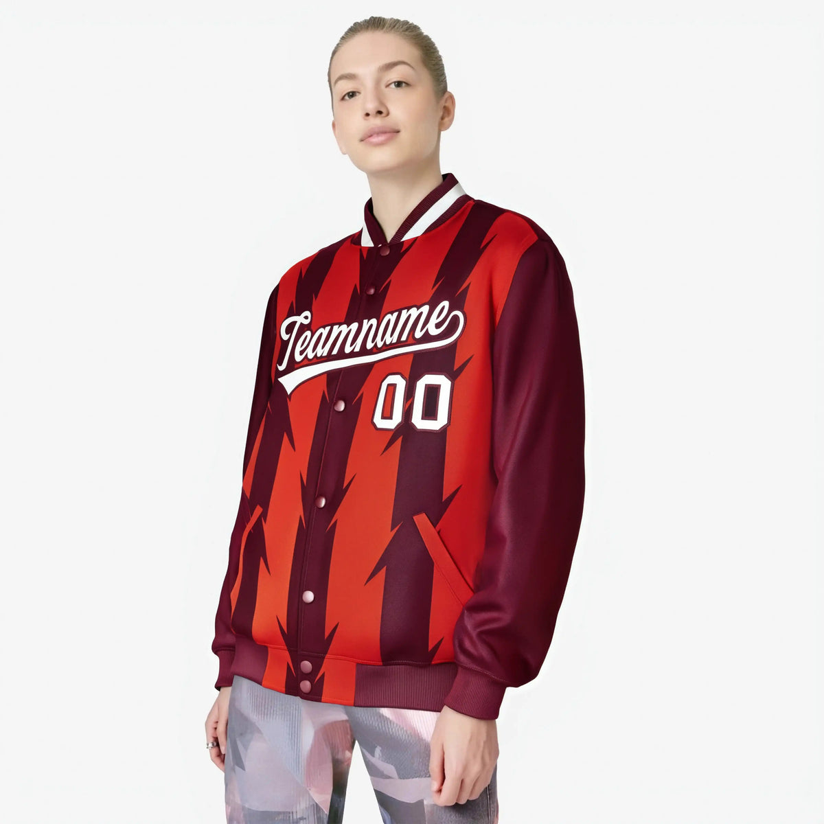 Custom Red Crimson-White Blade Graffiti Pattern Varsity Full-Snap Jacket