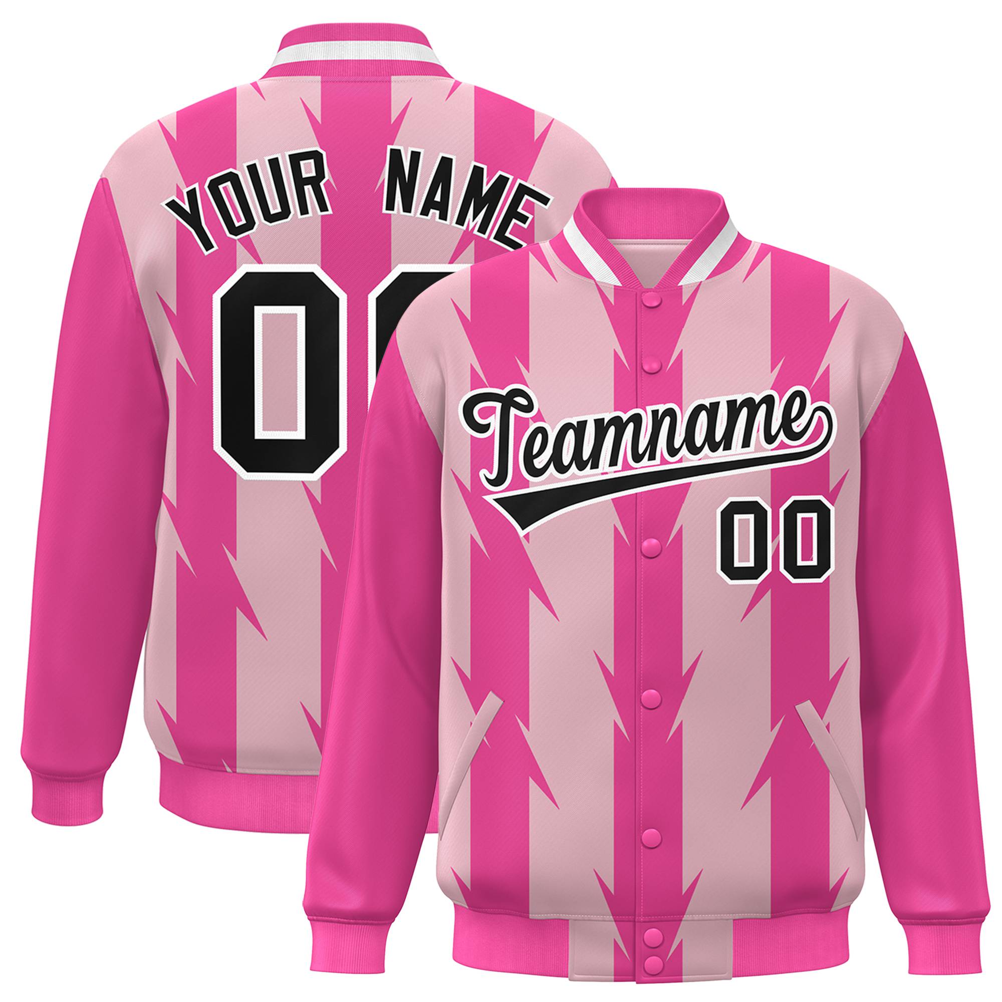 Custom Pink Light Pink Black-White Blade Graffiti Pattern Varsity Full-Snap Jacket