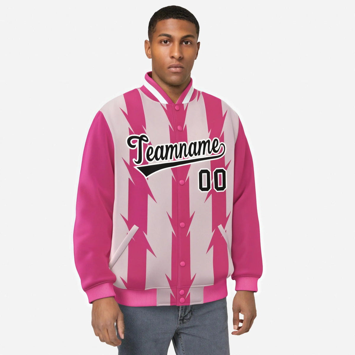 Custom Pink Light Pink Black-White Blade Graffiti Pattern Varsity Full-Snap Jacket