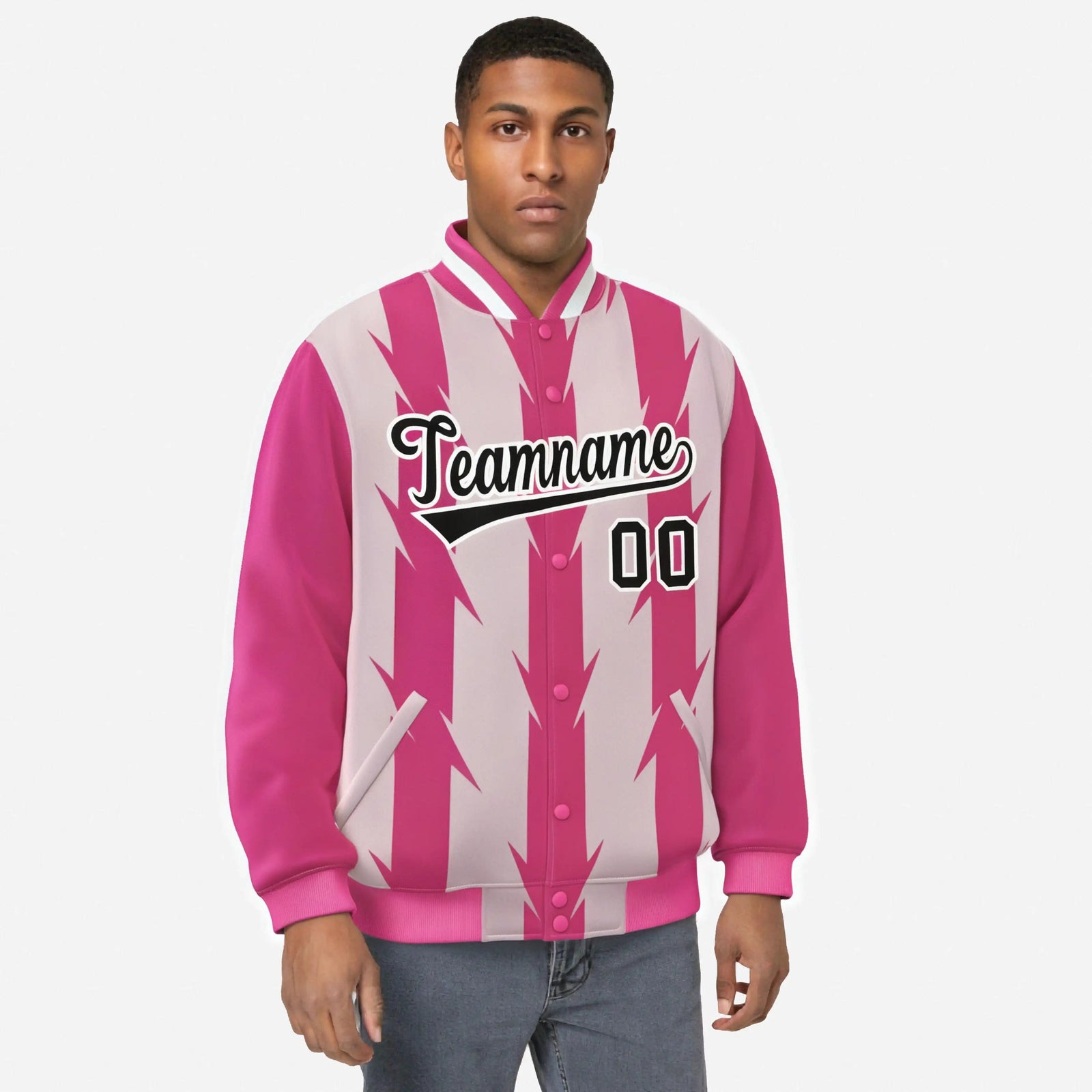 Custom Pink Light Pink Black-White Blade Graffiti Pattern Varsity Full-Snap Jacket