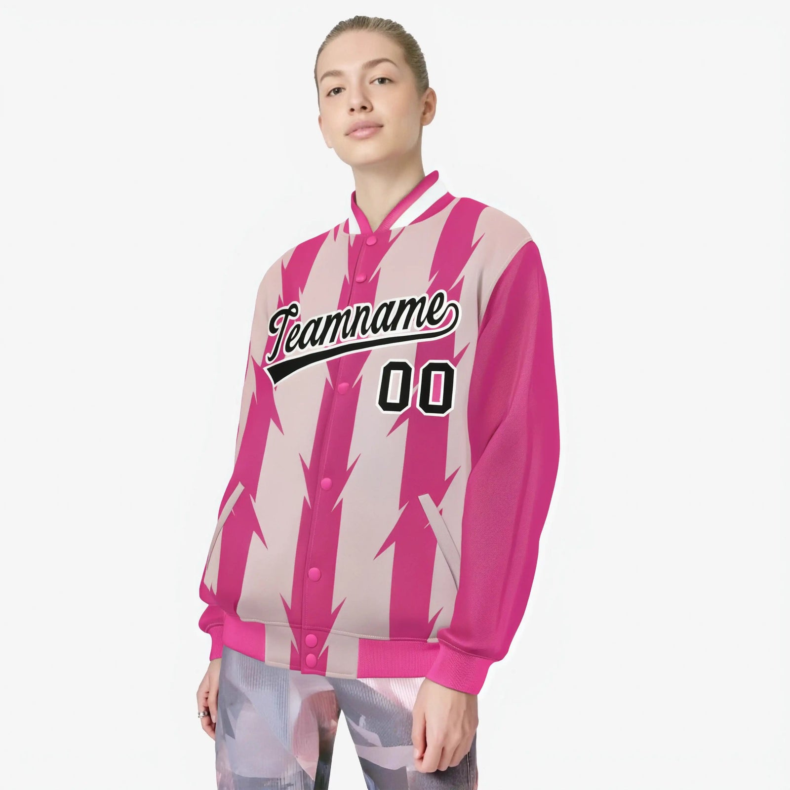 Custom Pink Light Pink Black-White Blade Graffiti Pattern Varsity Full-Snap Jacket