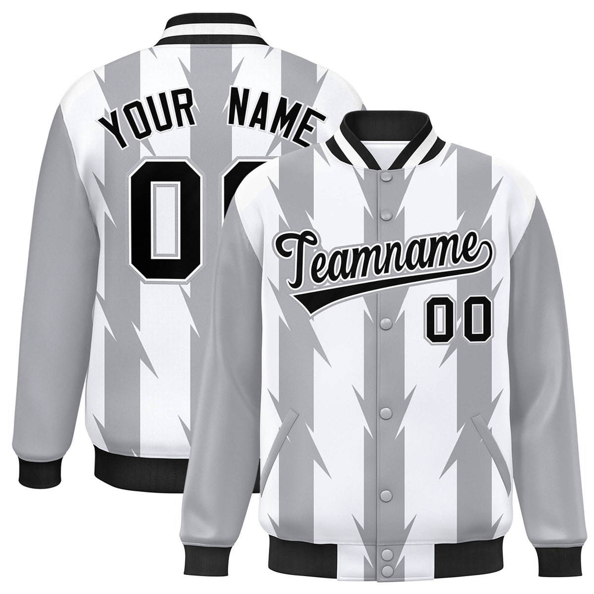 Custom White Gray-Black Blade Graffiti Pattern Varsity Full-Snap Jacket