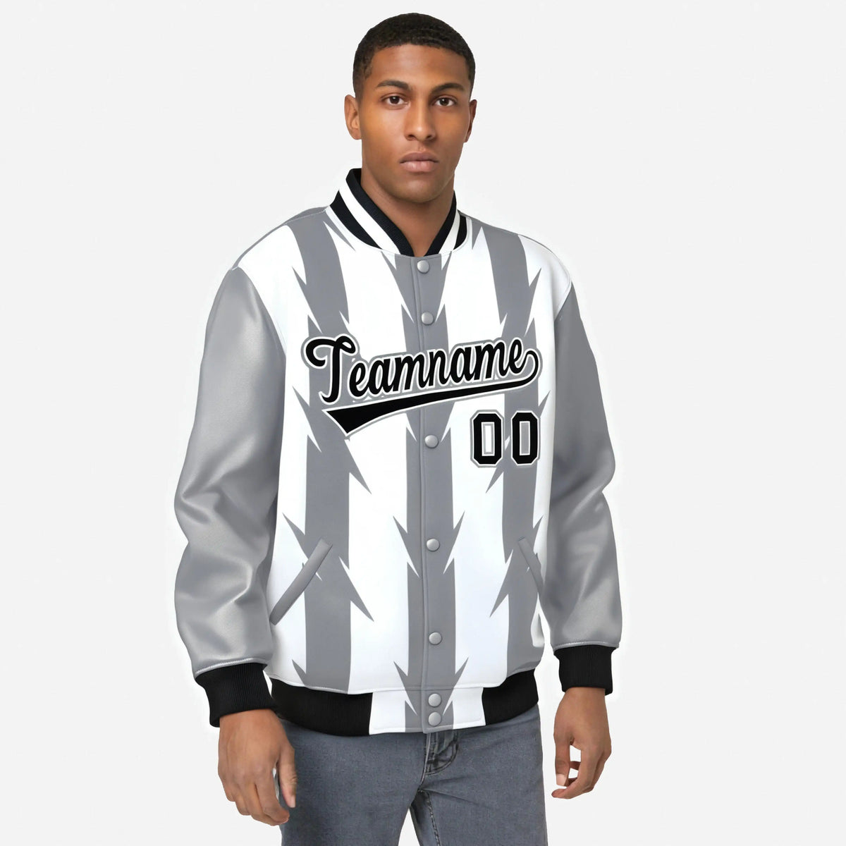 Custom White Gray-Black Blade Graffiti Pattern Varsity Full-Snap Jacket