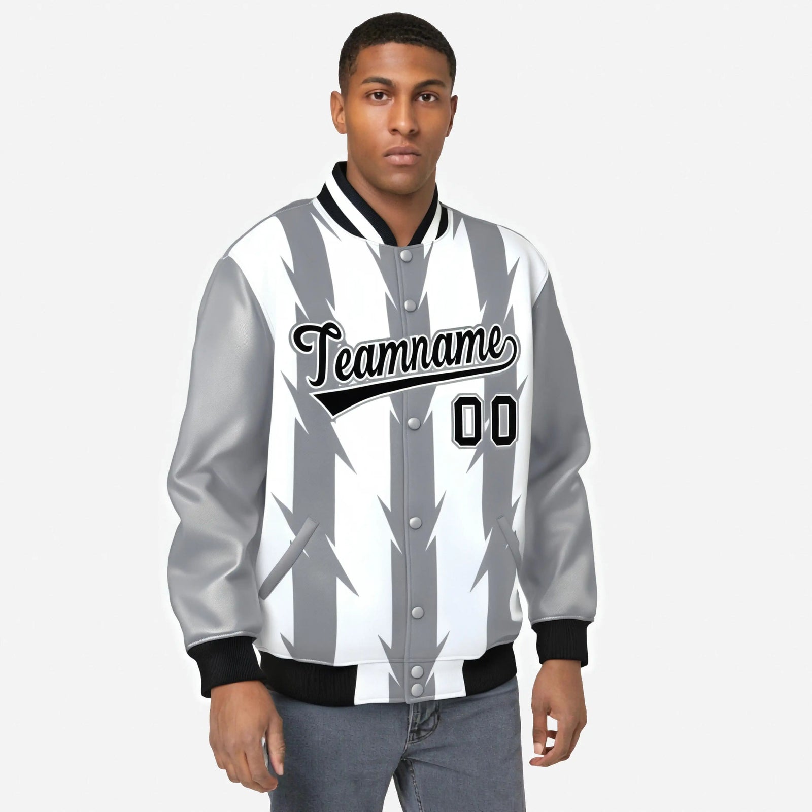 Custom White Gray-Black Blade Graffiti Pattern Varsity Full-Snap Jacket