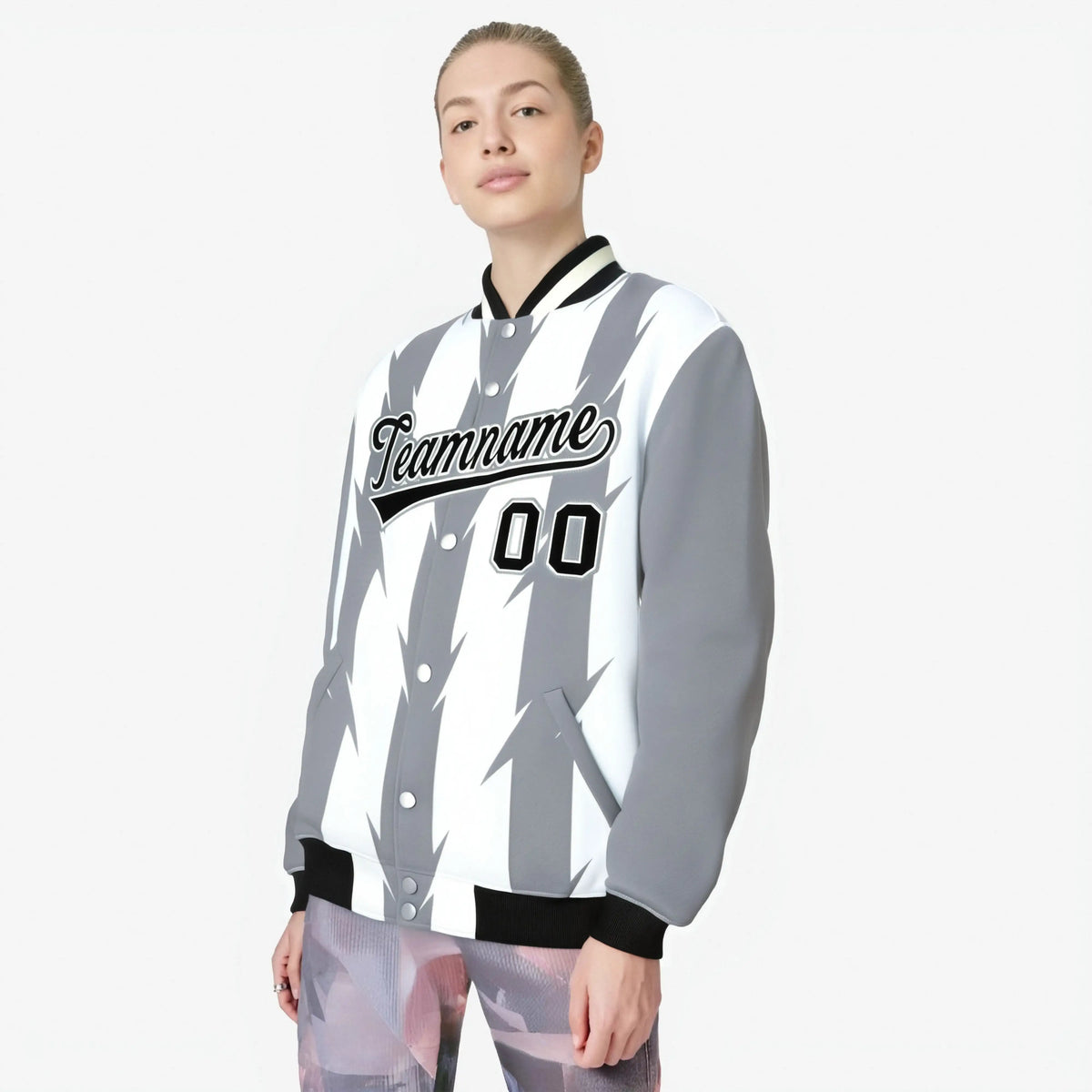 Custom White Gray-Black Blade Graffiti Pattern Varsity Full-Snap Jacket