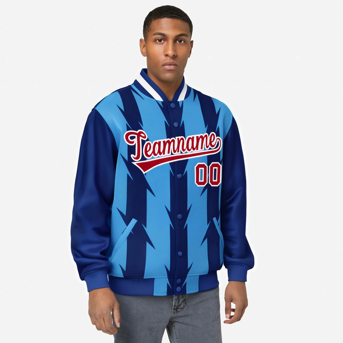 Custom Royal Blue Powder-Blue Red-White Blade Graffiti Pattern Varsity Full-Snap Jacket