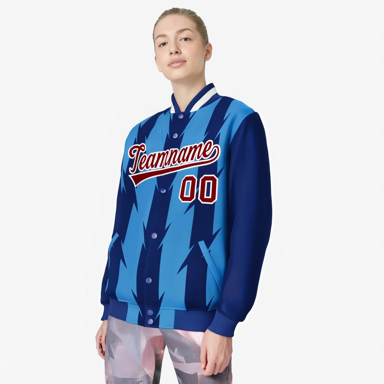 Custom Royal Blue Powder-Blue Red-White Blade Graffiti Pattern Varsity Full-Snap Jacket