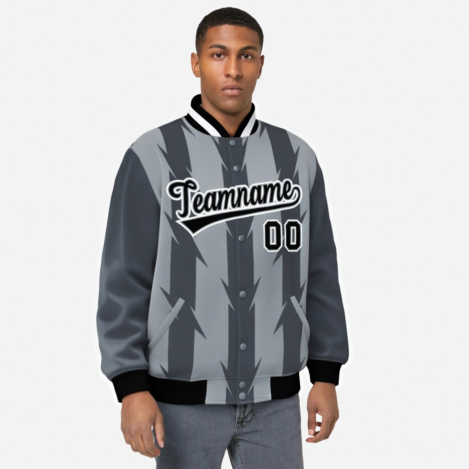 Custom Gray Dark Gray Black-White Blade Graffiti Pattern Varsity Full-Snap Jacket