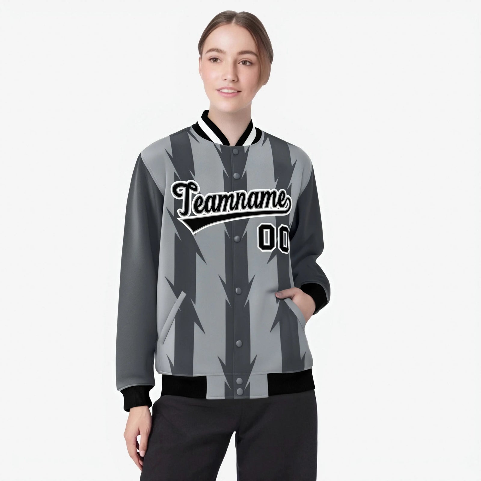 Custom Gray Dark Gray Black-White Blade Graffiti Pattern Varsity Full-Snap Jacket