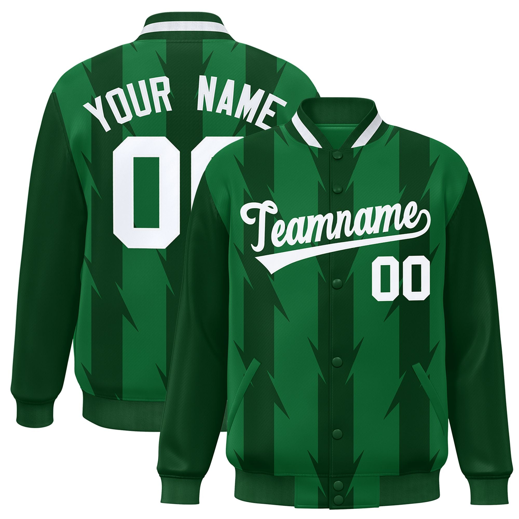 Custom Green Kelly Green-White Blade Graffiti Pattern Varsity Full-Snap Jacket