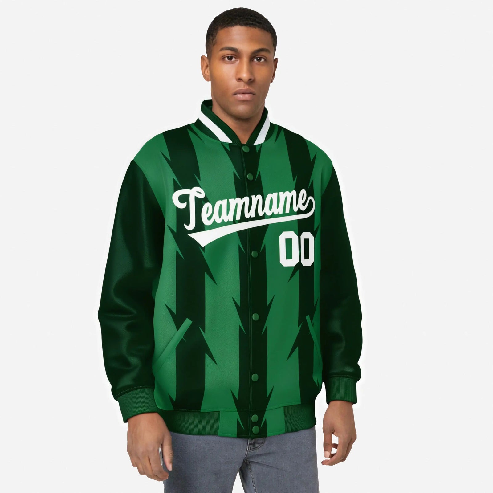 Custom Green Kelly Green-White Blade Graffiti Pattern Varsity Full-Snap Jacket