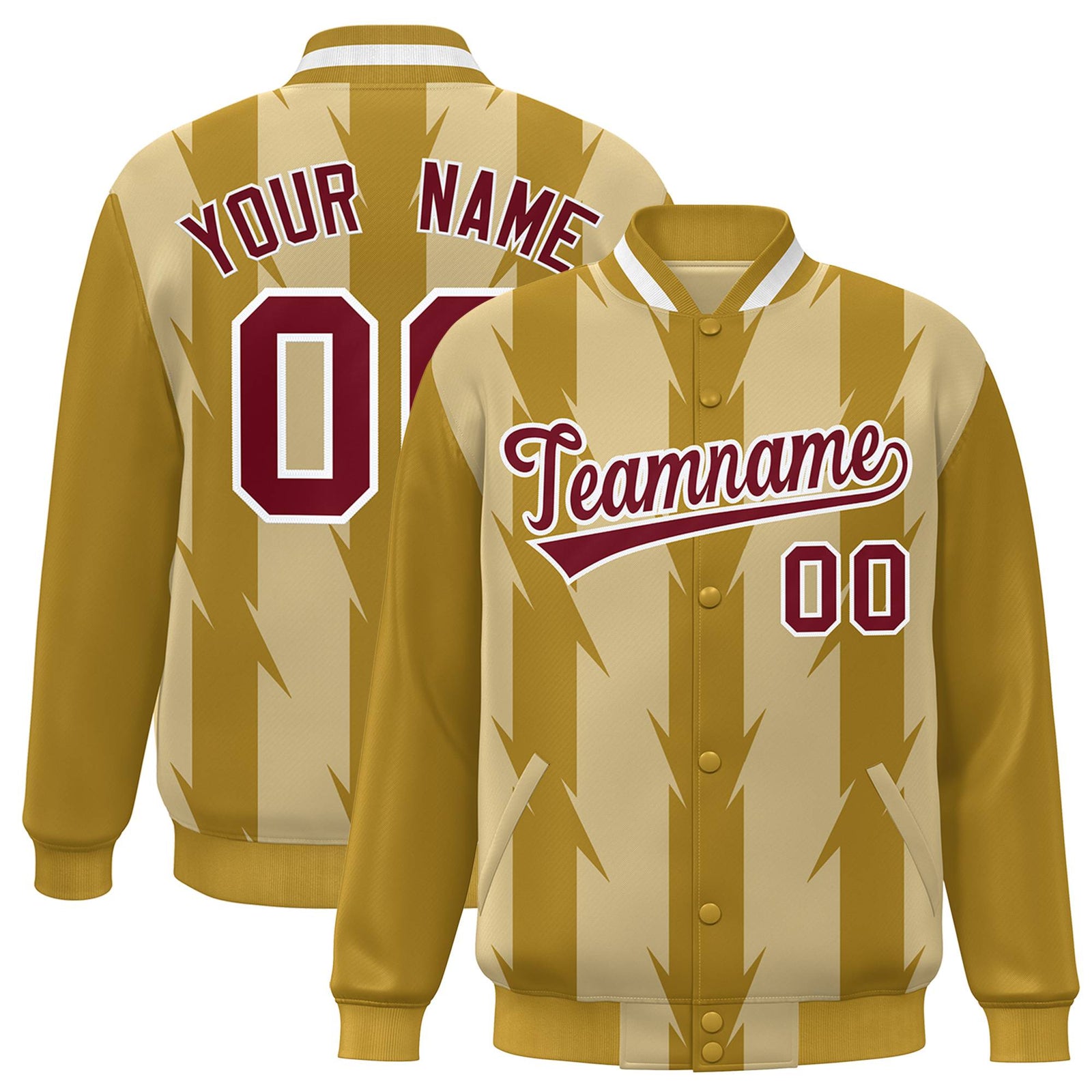 Custom Old Gold Khaki-Crimson Blade Graffiti Pattern Varsity Full-Snap Jacket