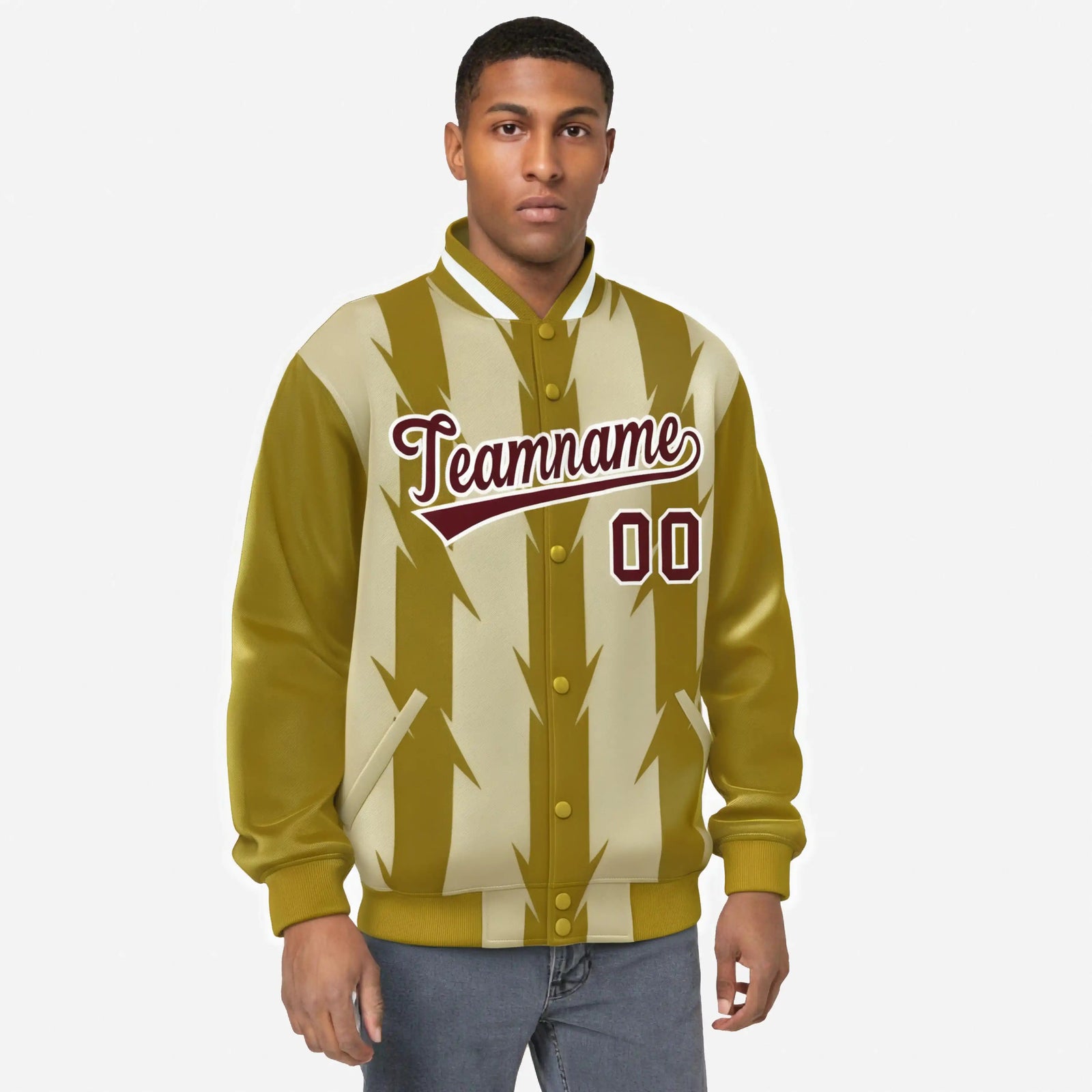 Custom Old Gold Khaki-Crimson Blade Graffiti Pattern Varsity Full-Snap Jacket