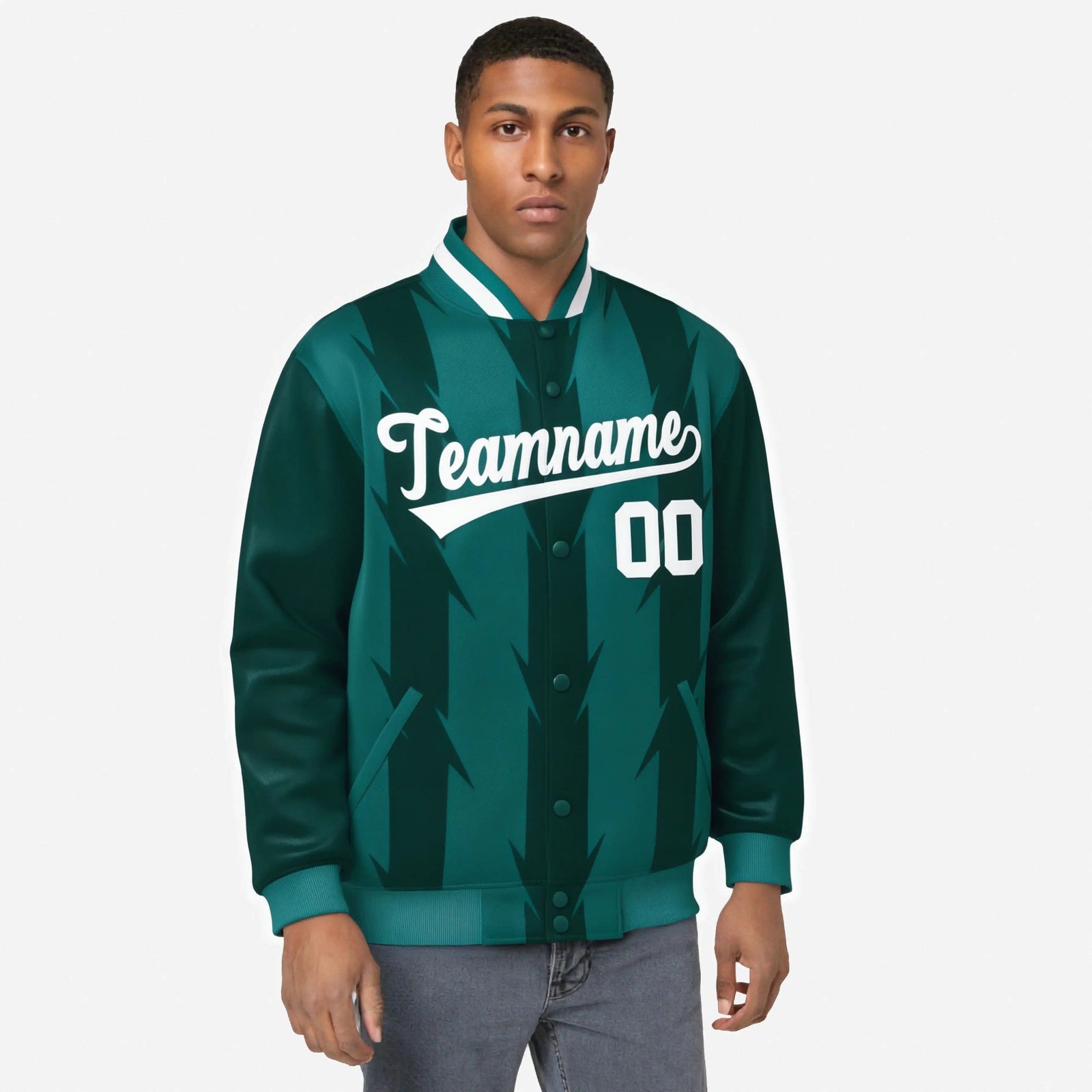 Custom Green Aqua-White Blade Graffiti Pattern Varsity Full-Snap Jacket