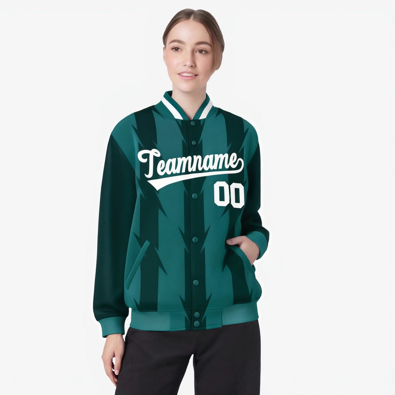 Custom Green Aqua-White Blade Graffiti Pattern Varsity Full-Snap Jacket
