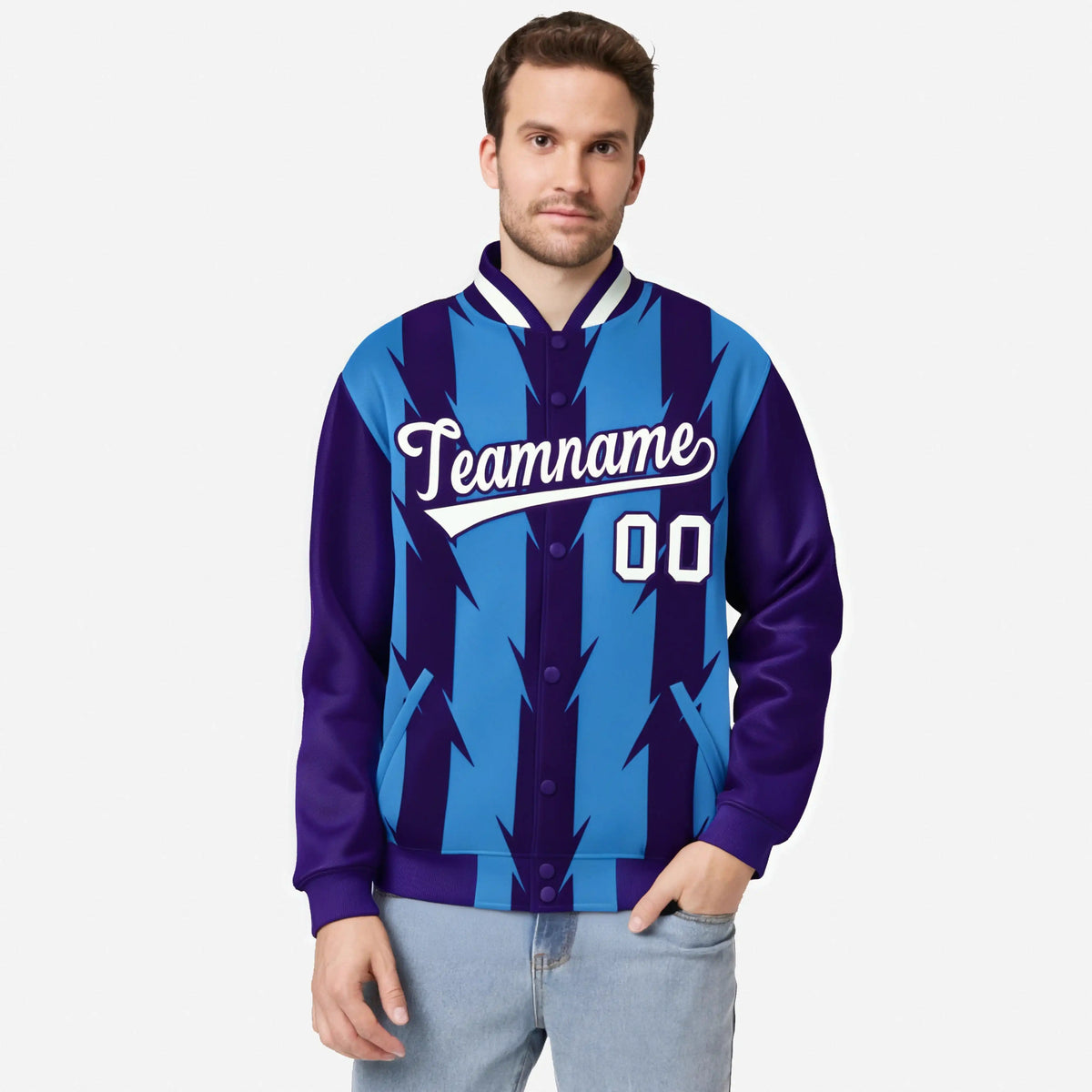 Custom Powder Blue Purple-White Blade Graffiti Pattern Varsity Full-Snap Jacket