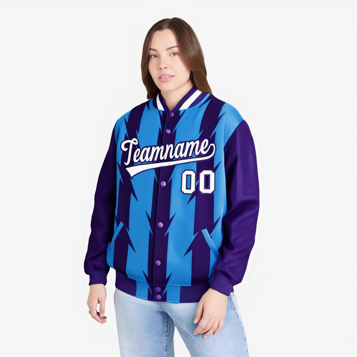 Custom Powder Blue Purple-White Blade Graffiti Pattern Varsity Full-Snap Jacket