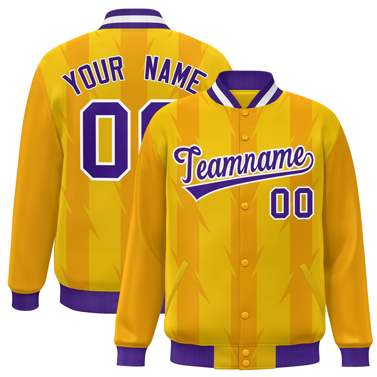 Custom Gold Yellow Purple-White Blade Graffiti Pattern Varsity Full-Snap Jacket