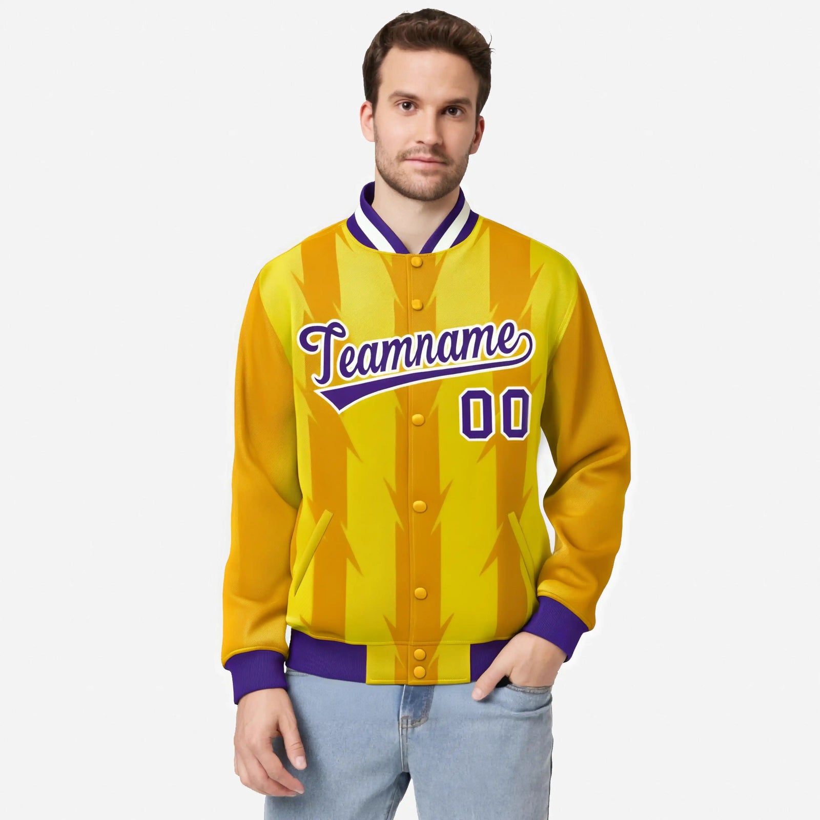 Custom Gold Yellow Purple-White Blade Graffiti Pattern Varsity Full-Snap Jacket