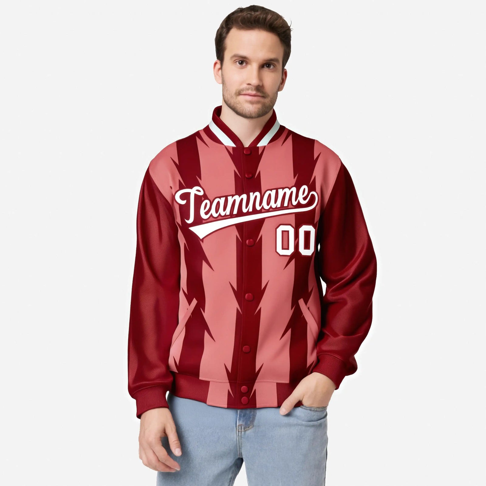 Custom Light Red Red-White Blade Graffiti Pattern Varsity Full-Snap Jacket