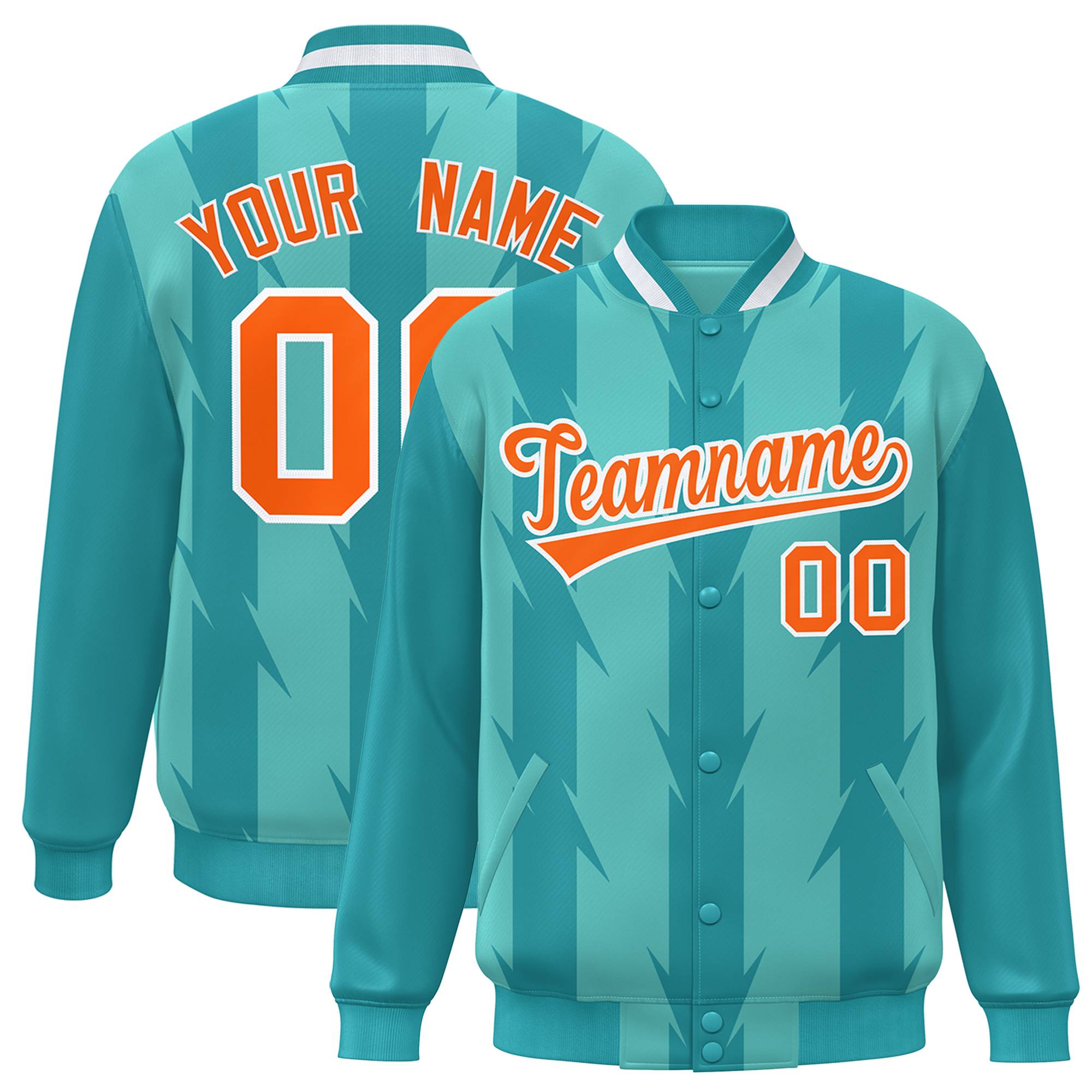 Custom Teal Aqua Orange-White Blade Graffiti Pattern Varsity Full-Snap Jacket