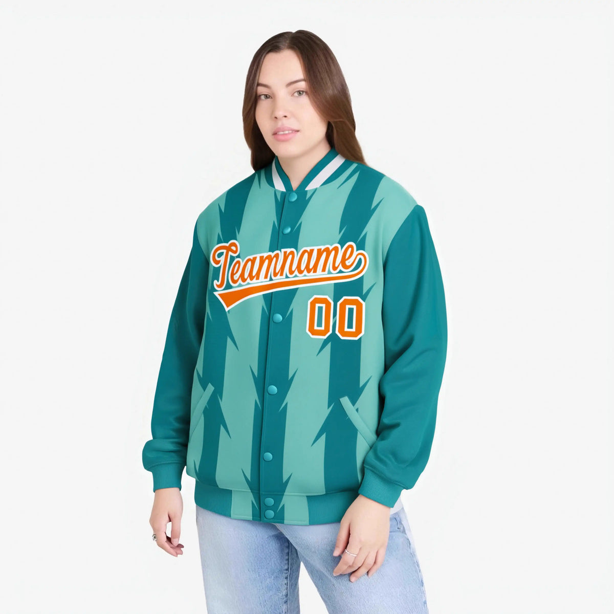 Custom Teal Aqua Orange-White Blade Graffiti Pattern Varsity Full-Snap Jacket
