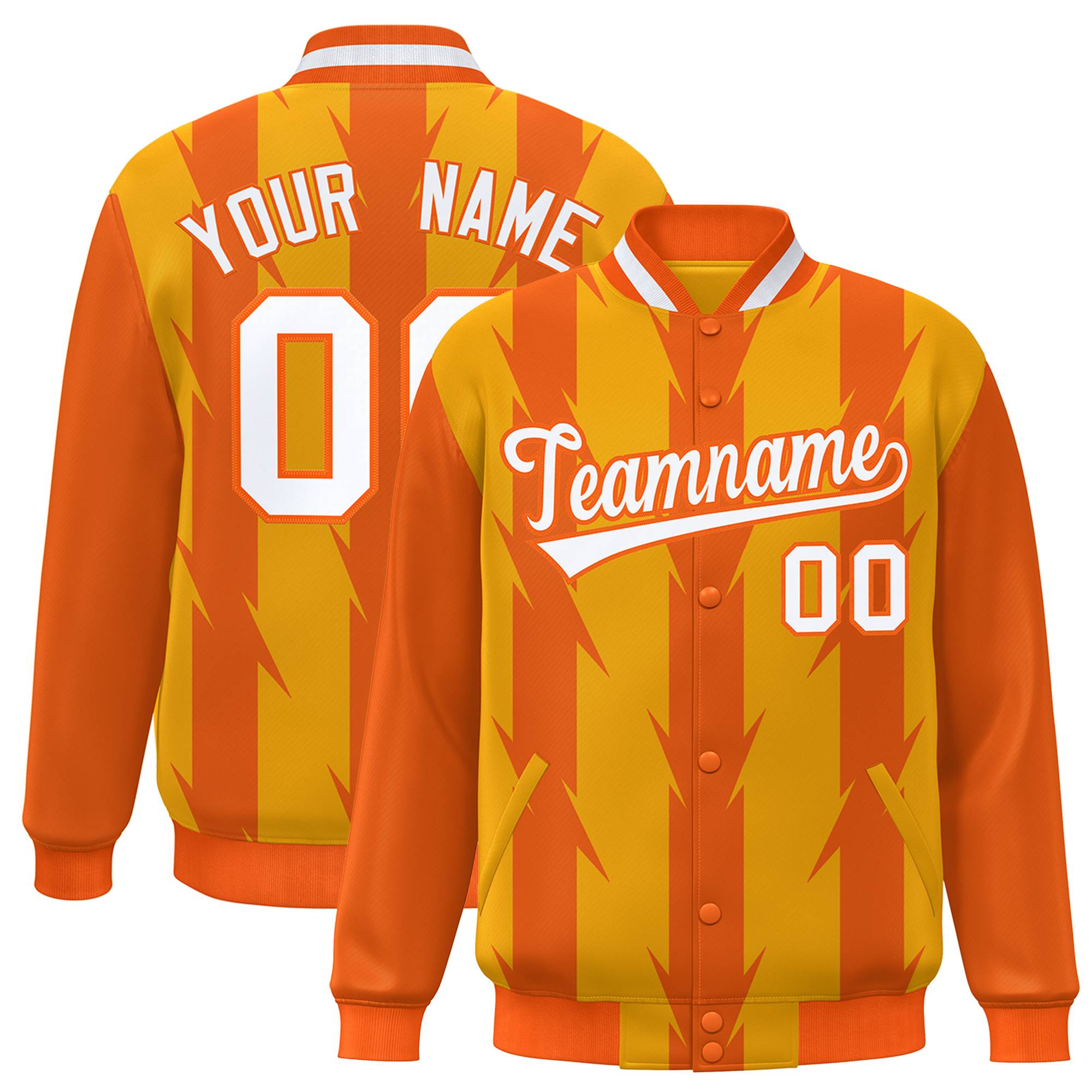 Custom Yellow Orange-White Blade Graffiti Pattern Varsity Full-Snap Jacket