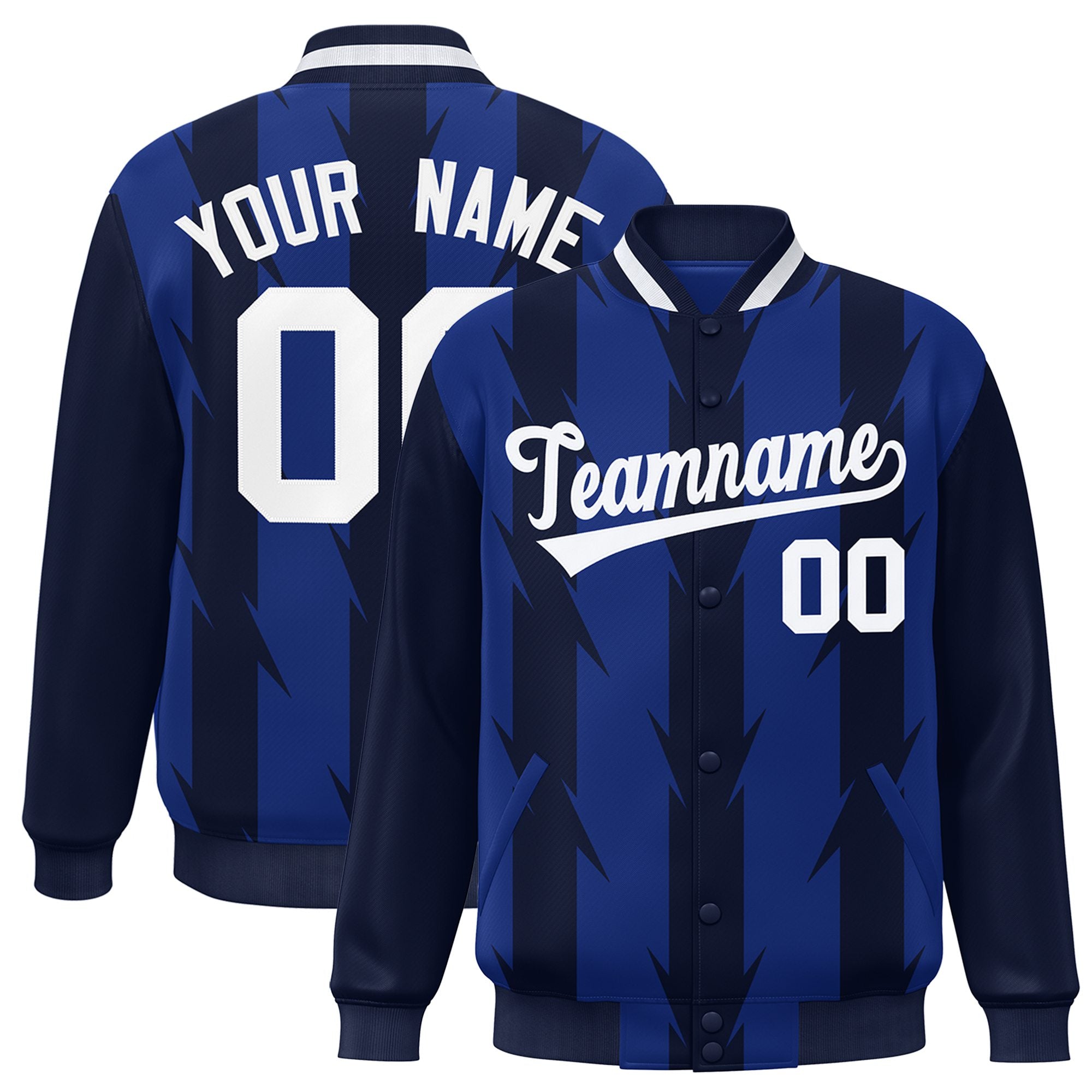 Custom Royal Blue Navy-White Blade Graffiti Pattern Varsity Full-Snap Jacket