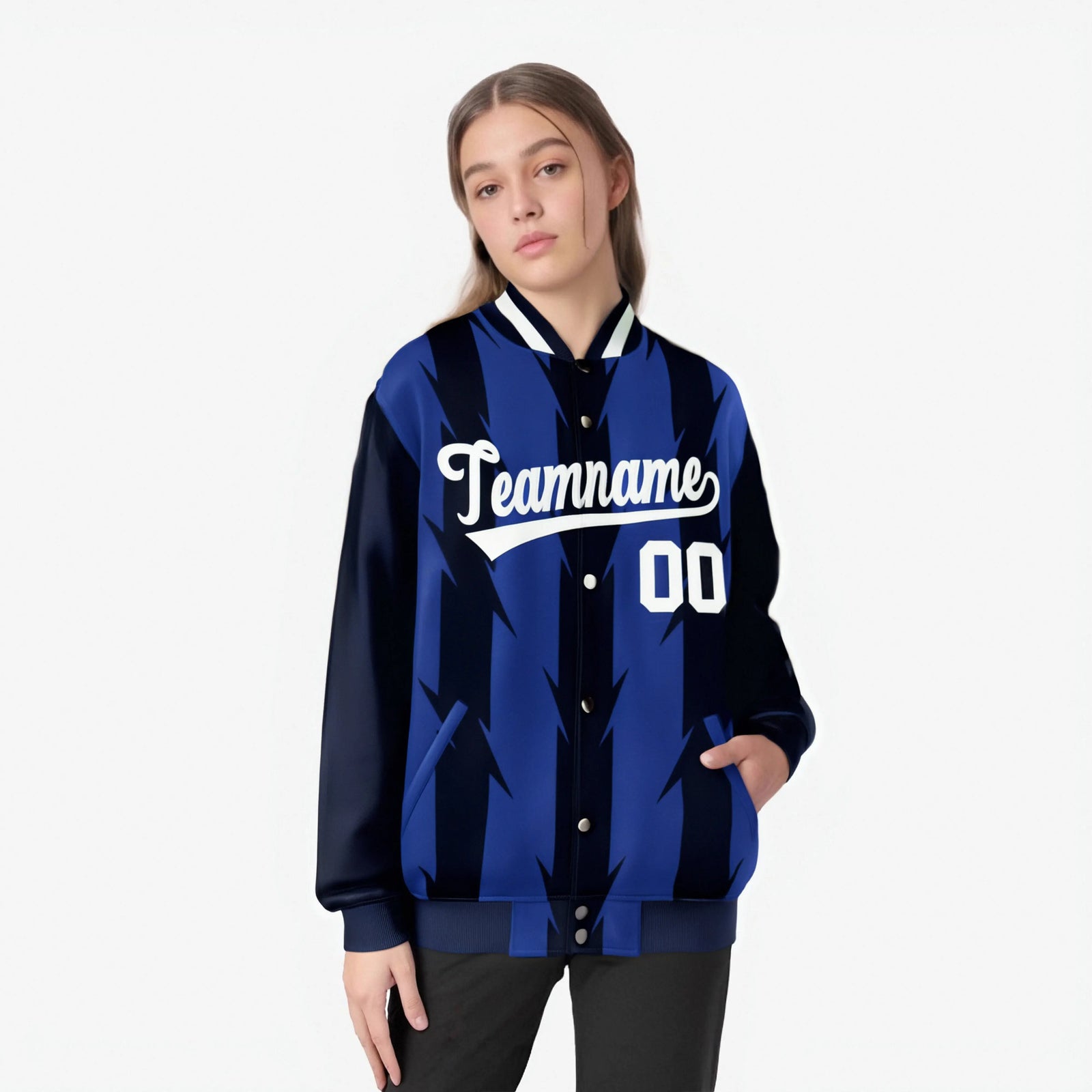 Custom Royal Blue Navy-White Blade Graffiti Pattern Varsity Full-Snap Jacket