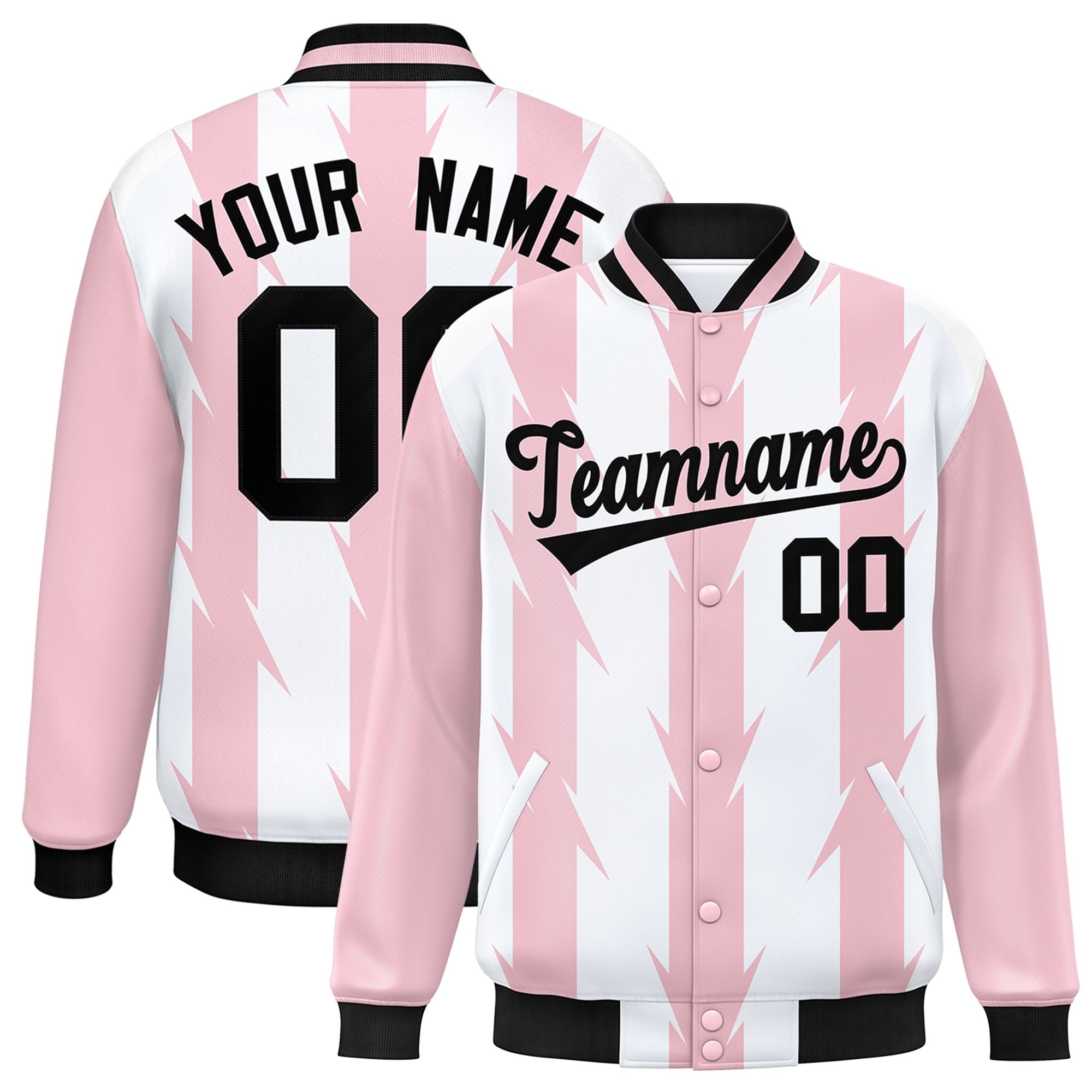 Custom White Light Pink-Black Blade Graffiti Pattern Varsity Full-Snap Jacket