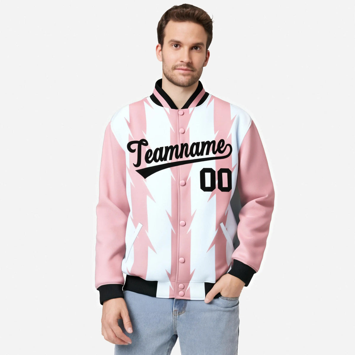 Custom White Light Pink-Black Blade Graffiti Pattern Varsity Full-Snap Jacket