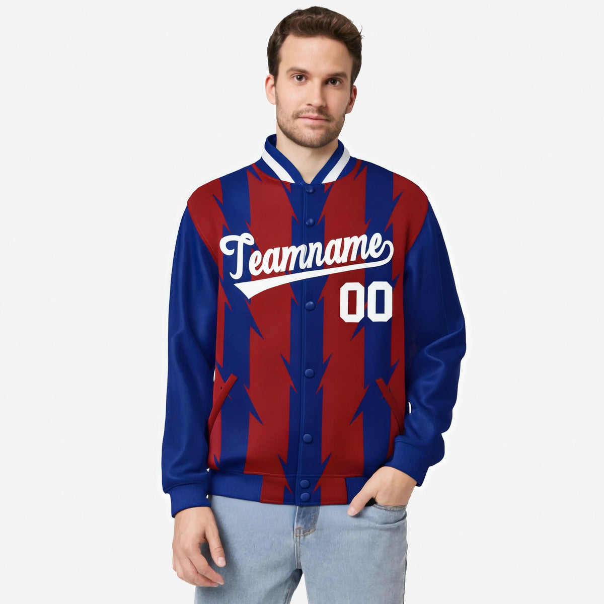 Custom Red Royal Blue-White Blade Graffiti Pattern Varsity Full-Snap Jacket