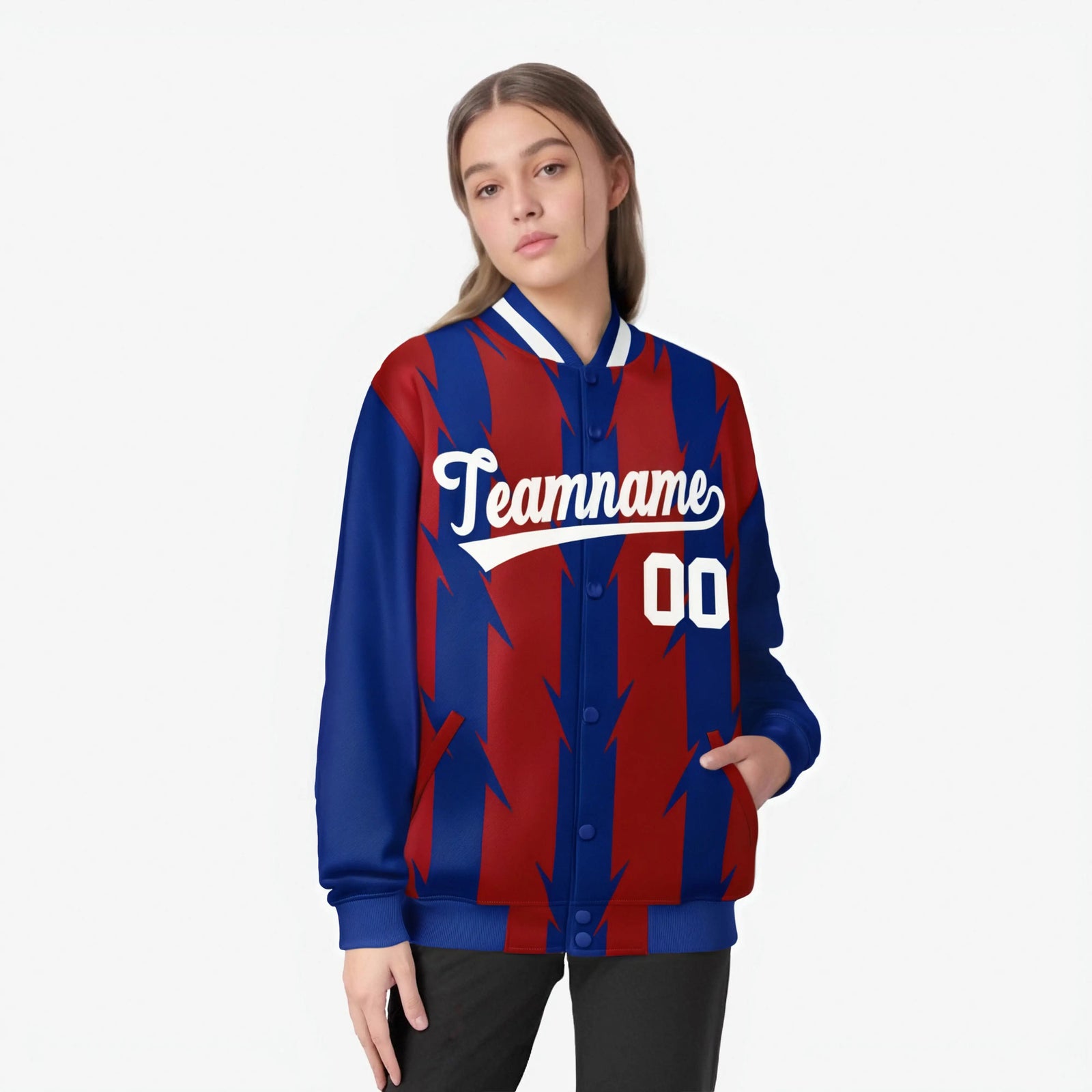 Custom Red Royal Blue-White Blade Graffiti Pattern Varsity Full-Snap Jacket