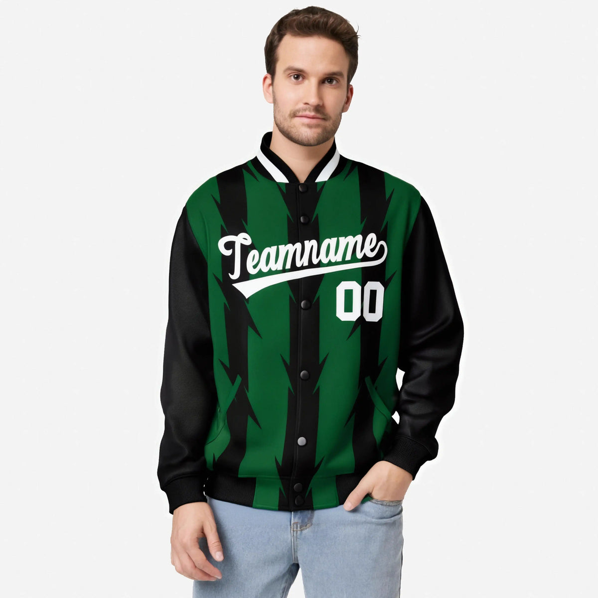 Custom Green Black-White Blade Graffiti Pattern Varsity Full-Snap Jacket